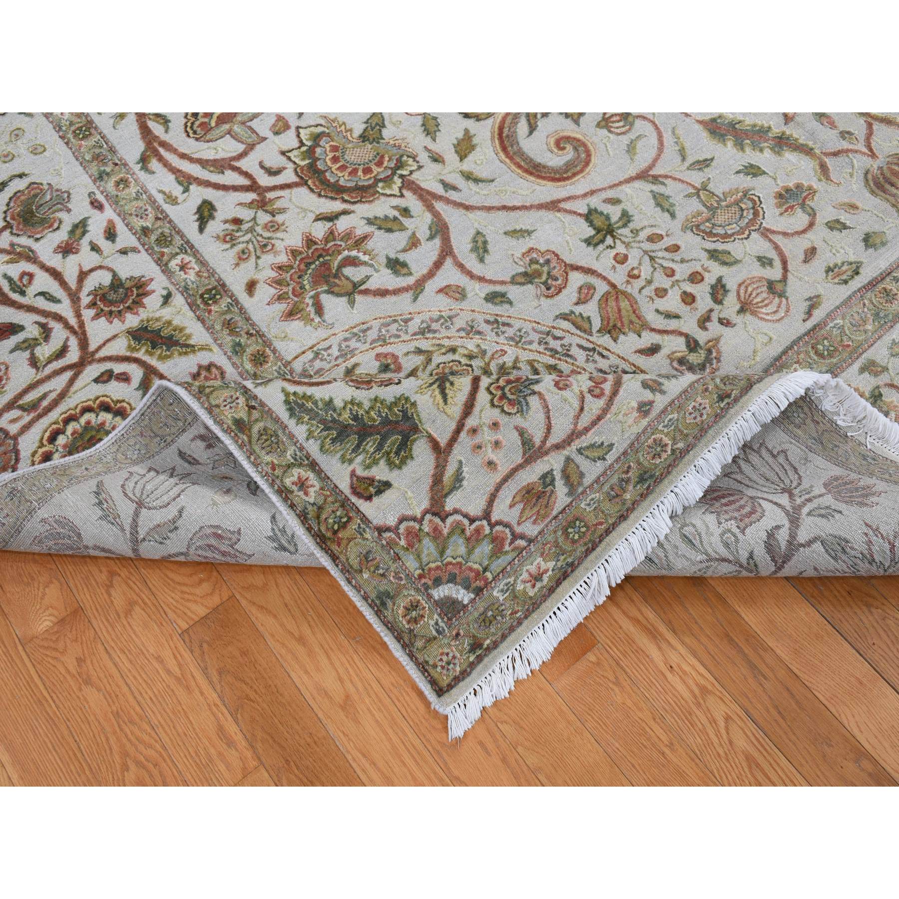10'1"x13'9" French Gray, Pure Silk with Textured Wool, Mughal Inspired Branch and Flower Design, Hand Knotted, Oriental Rug HR80915 - Image 6