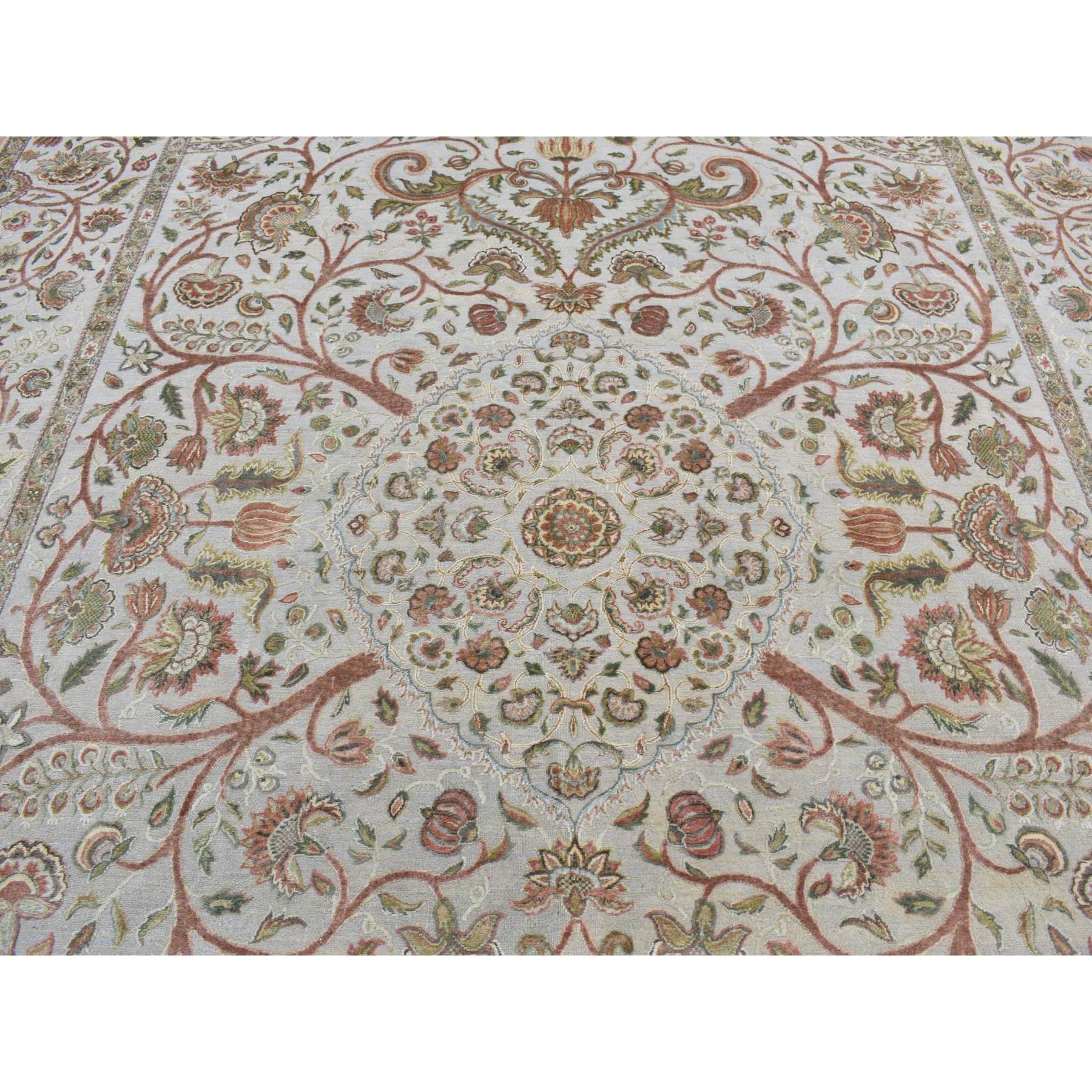 10'1"x13'9" French Gray, Pure Silk with Textured Wool, Mughal Inspired Branch and Flower Design, Hand Knotted, Oriental Rug HR80915 - Image 9