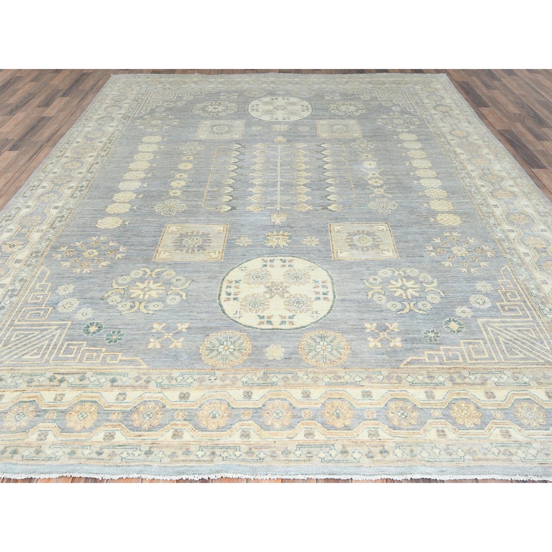 9'1"x12' Misty Gray, Afghan Peshawar with Khotan Design, Stone Washed, Soft Wool, Hand Knotted, Oriental Rug HR82702 - Image 3