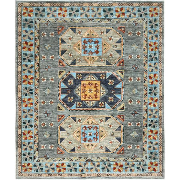 8'3"x9'9" Cadet Gray, Armenian Inspired Caucasian Design, Soft Wool, Hand Knotted, Oriental Rug SHR30000