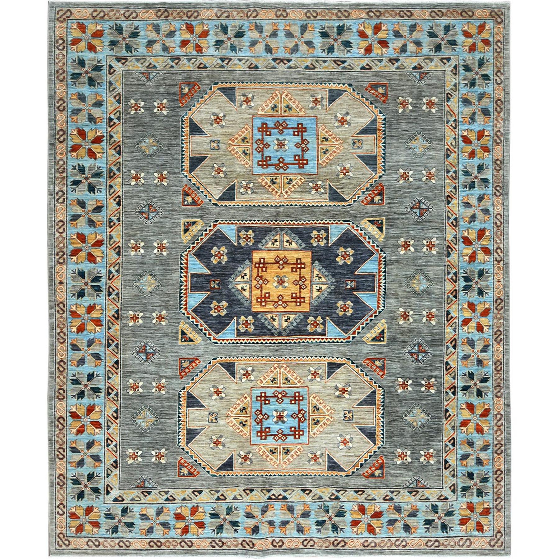 8'3"x9'9" Cadet Gray, Armenian Inspired Caucasian Design, Soft Wool, Hand Knotted, Oriental Rug SHR30000