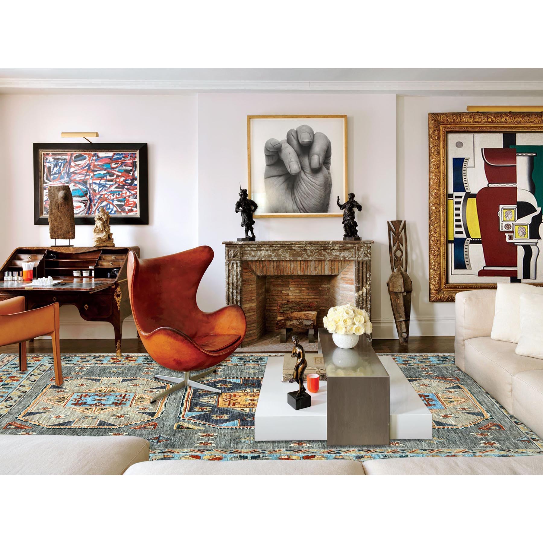 8'3"x9'9" Cadet Gray, Armenian Inspired Caucasian Design, Soft Wool, Hand Knotted, Oriental Rug SHR30000 - Image 2