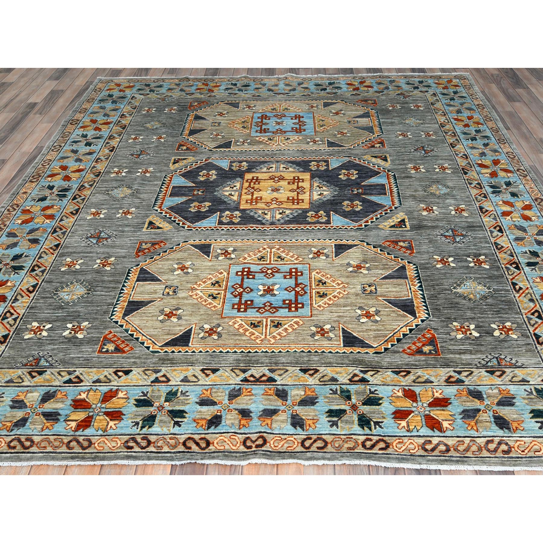 8'3"x9'9" Cadet Gray, Armenian Inspired Caucasian Design, Soft Wool, Hand Knotted, Oriental Rug SHR30000 - Image 3