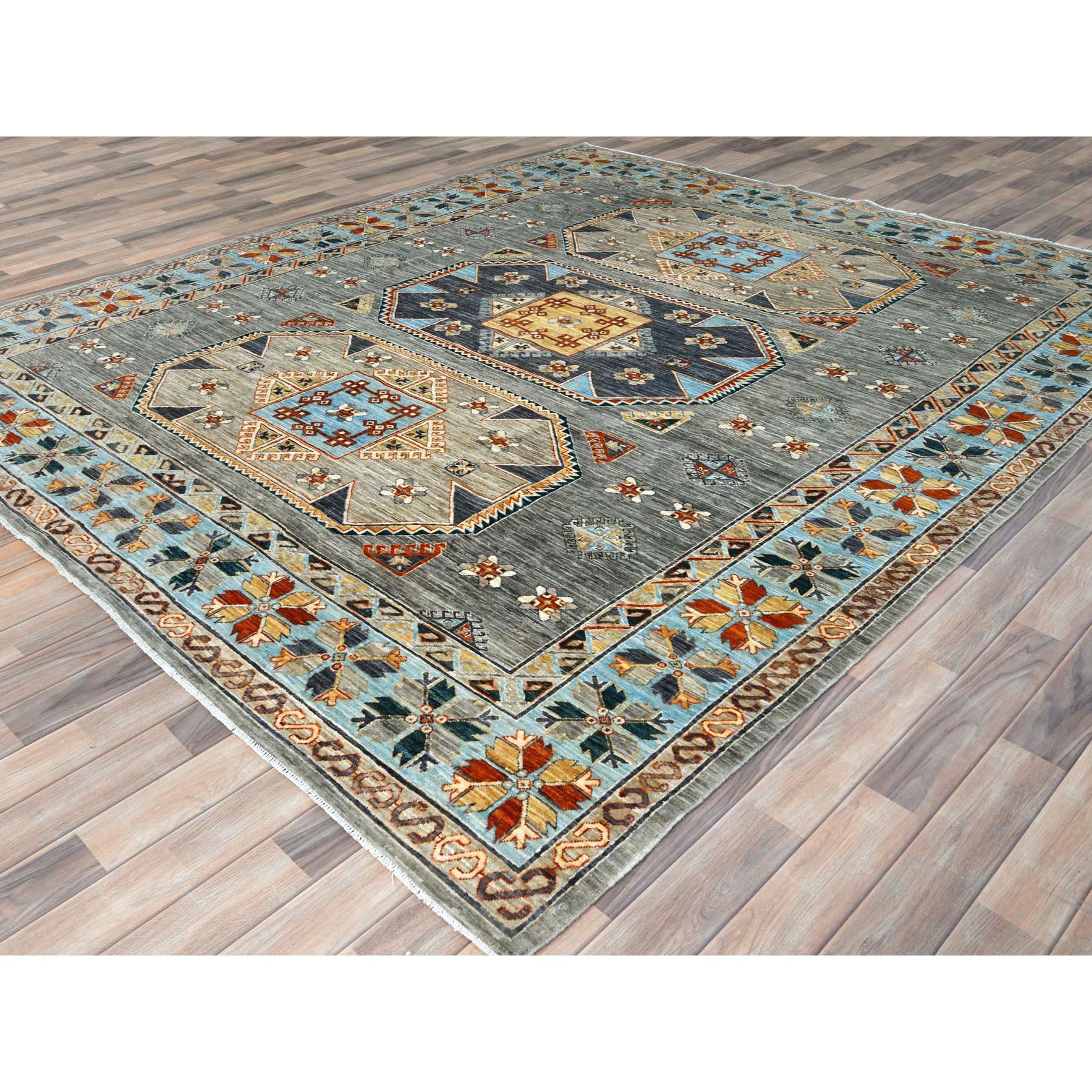 8'3"x9'9" Cadet Gray, Armenian Inspired Caucasian Design, Soft Wool, Hand Knotted, Oriental Rug SHR30000 - Image 4