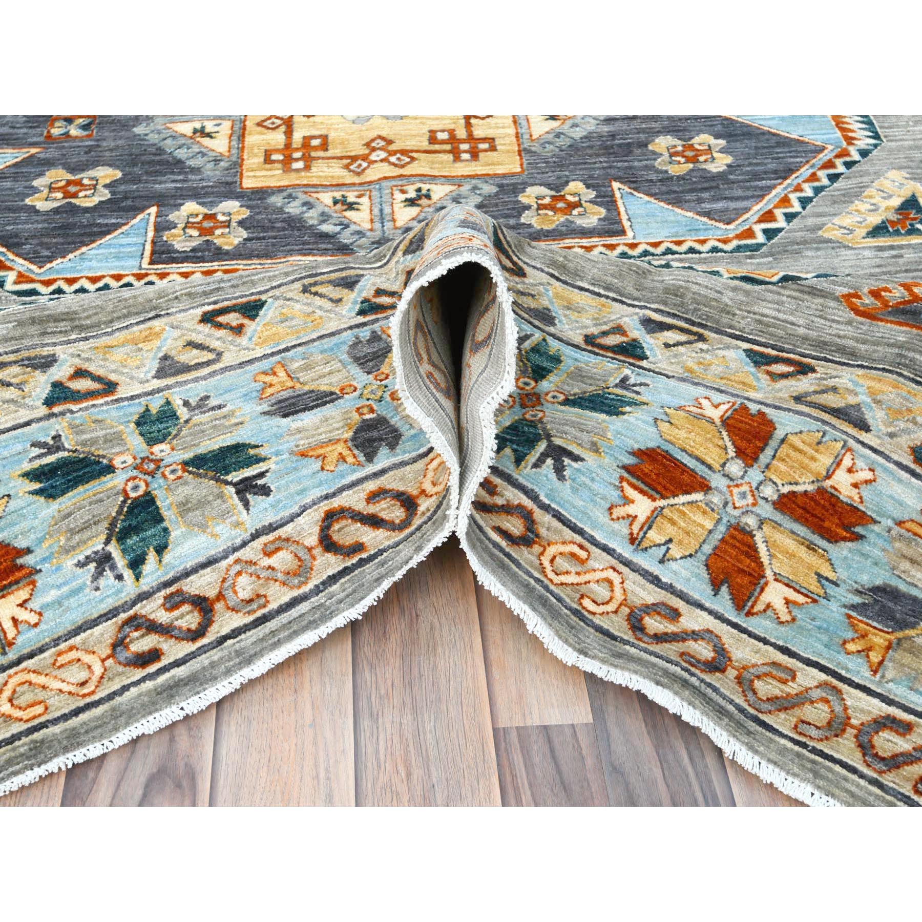 8'3"x9'9" Cadet Gray, Armenian Inspired Caucasian Design, Soft Wool, Hand Knotted, Oriental Rug SHR30000 - Image 6