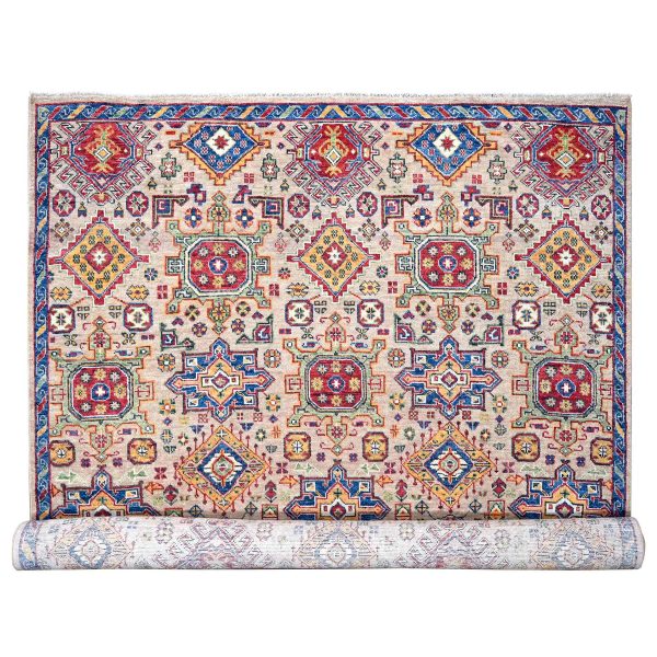 12'x17'9" Camel with Blue, Karajeh Heriz Geometric Design, Thick and Plush, Pure Wool, Supple Collection, Hand Knotted, Oversize Oriental Rug HR84389