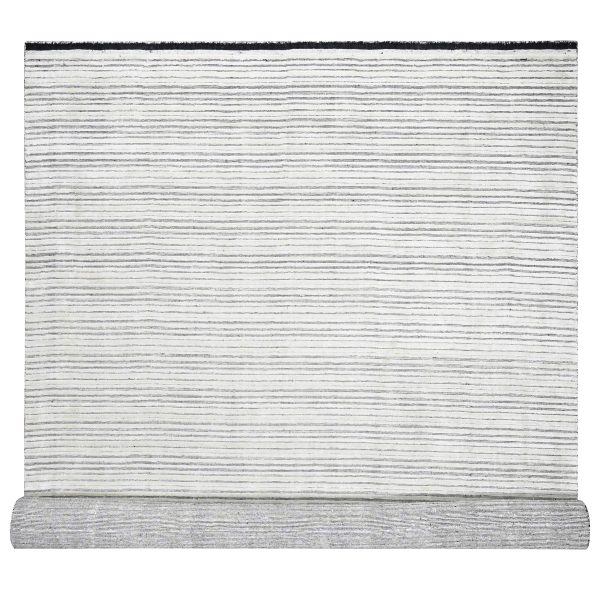 12'2"x15' Ivory and Black, Wool and Plant Based Silk, Hand Loomed, Natural Dyes, Modern Textured and Variegated Line Design, Oversize, Oriental Rug HR84394