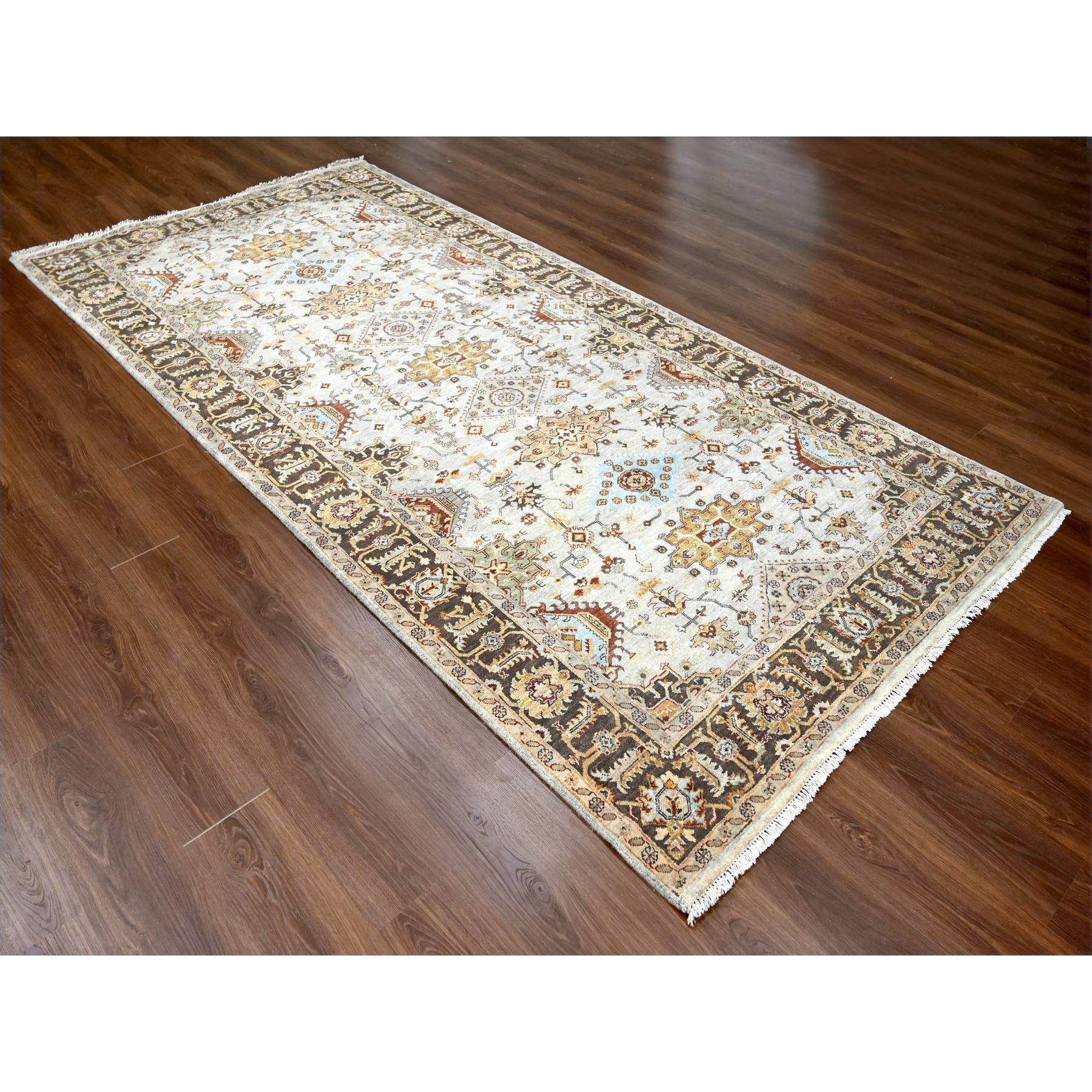 6'1"x11'10" Beige and Brown, Karajeh Design with Geometric Medallion, Hand Knotted, Vegetable Dyes, Extra Soft Wool, Wide Gallery Runner Oriental Rug HR84409 - Image 2