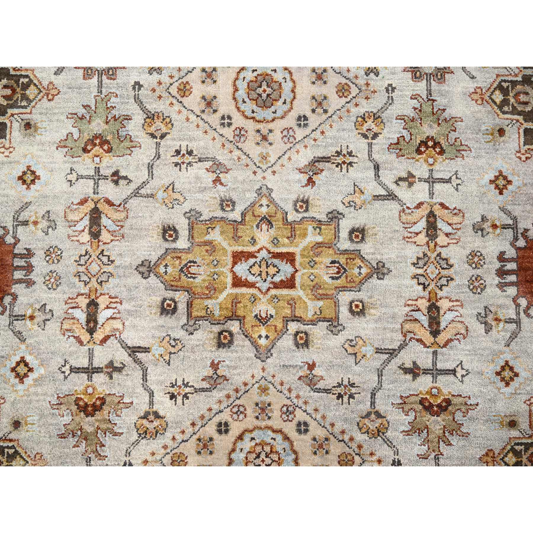 6'1"x11'10" Beige and Brown, Karajeh Design with Geometric Medallion, Hand Knotted, Vegetable Dyes, Extra Soft Wool, Wide Gallery Runner Oriental Rug HR84409 - Image 5