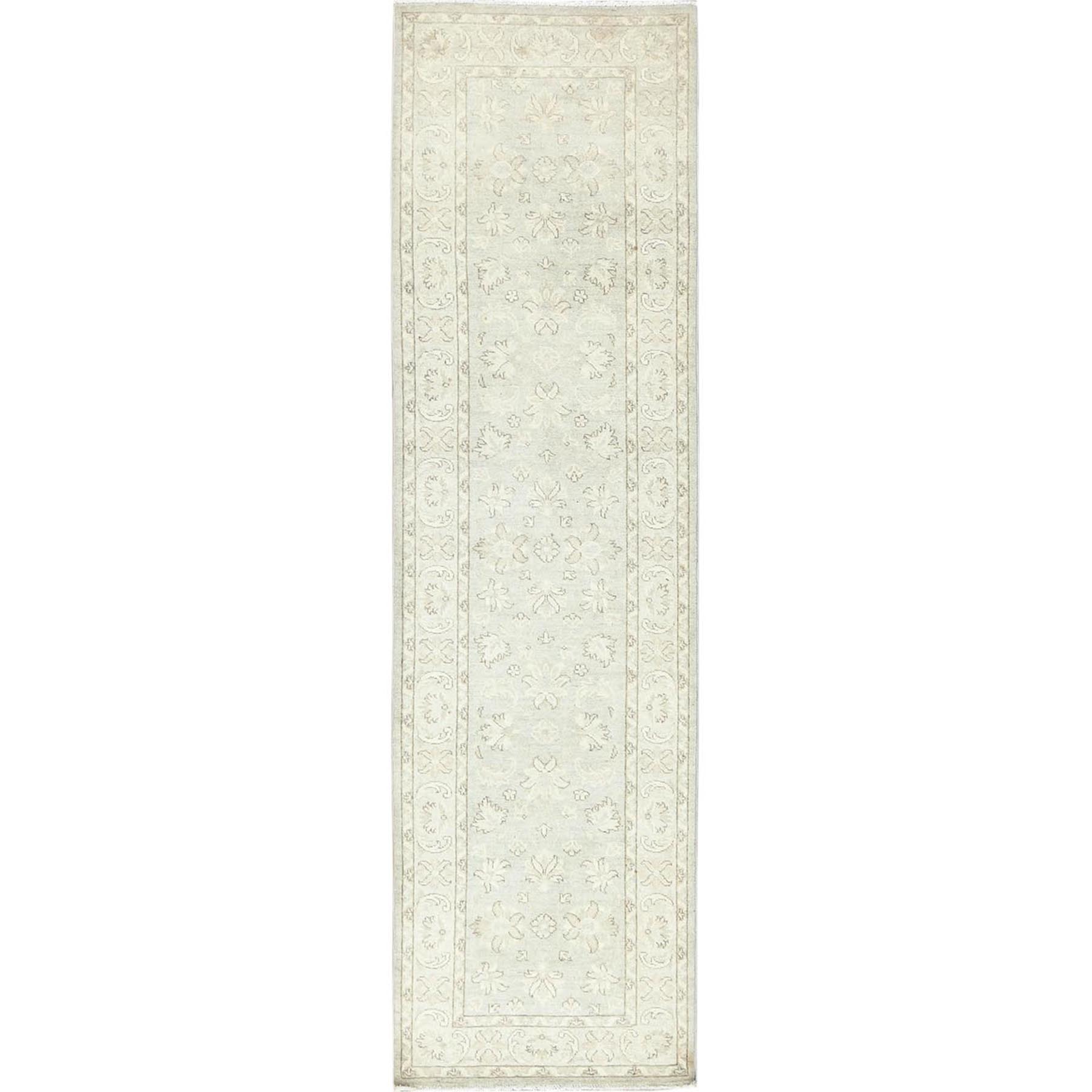 2'9"x9'7" Ivory, Hand Knotted, Afghan Stone Washed Peshawar, Soft Wool, Runner Oriental Rug HR85213