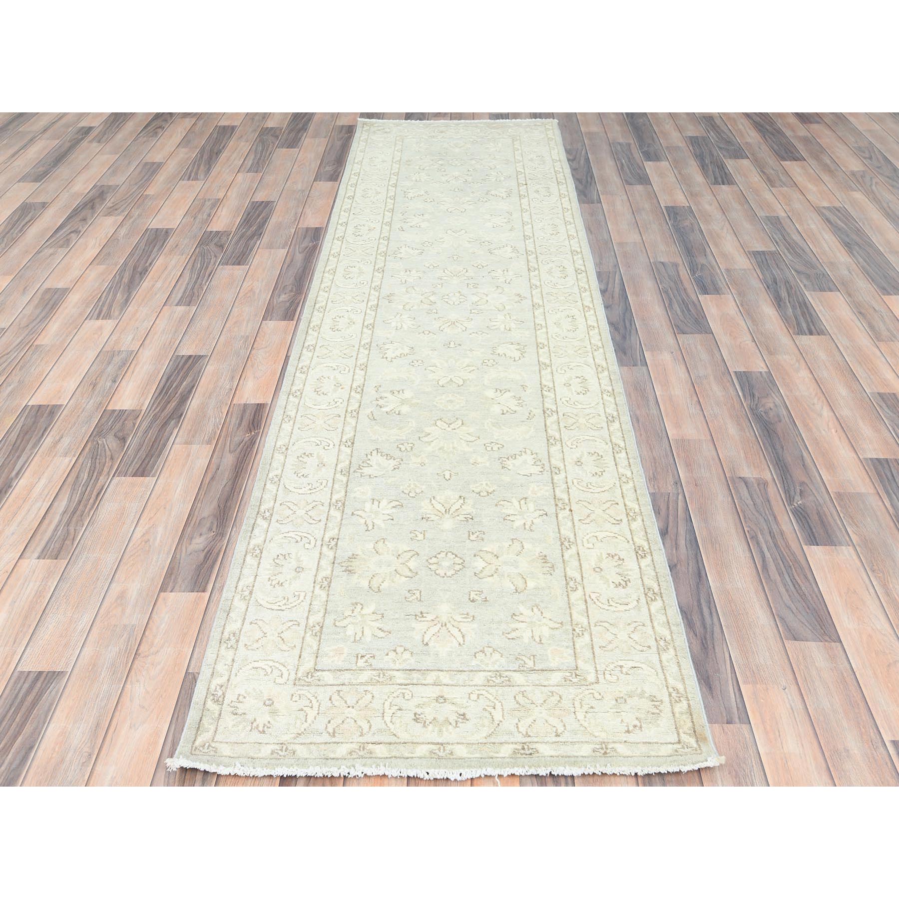 2'9"x9'7" Ivory, Hand Knotted, Afghan Stone Washed Peshawar, Soft Wool, Runner Oriental Rug HR85213 - Image 2