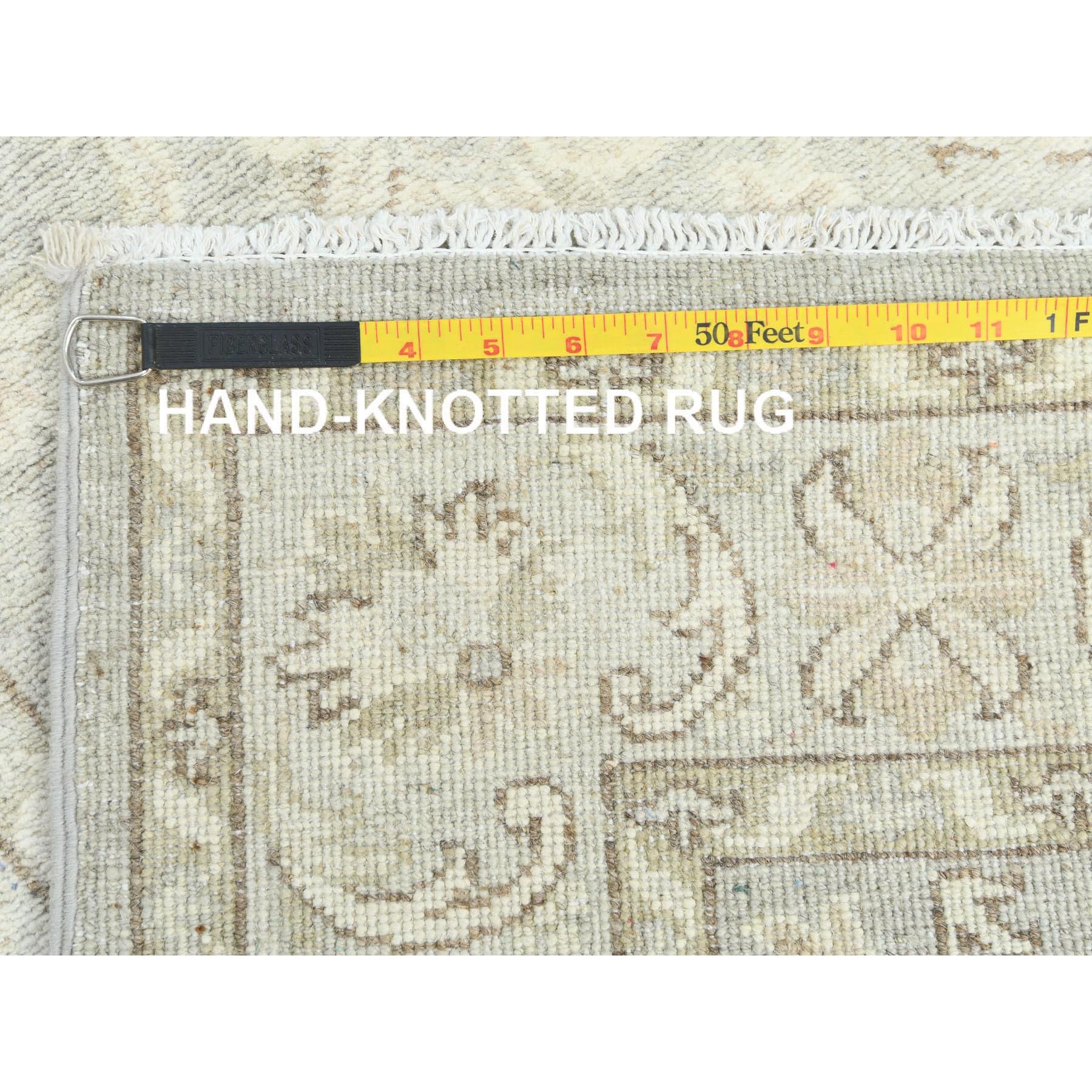 2'9"x9'7" Ivory, Hand Knotted, Afghan Stone Washed Peshawar, Soft Wool, Runner Oriental Rug HR85213 - Image 7