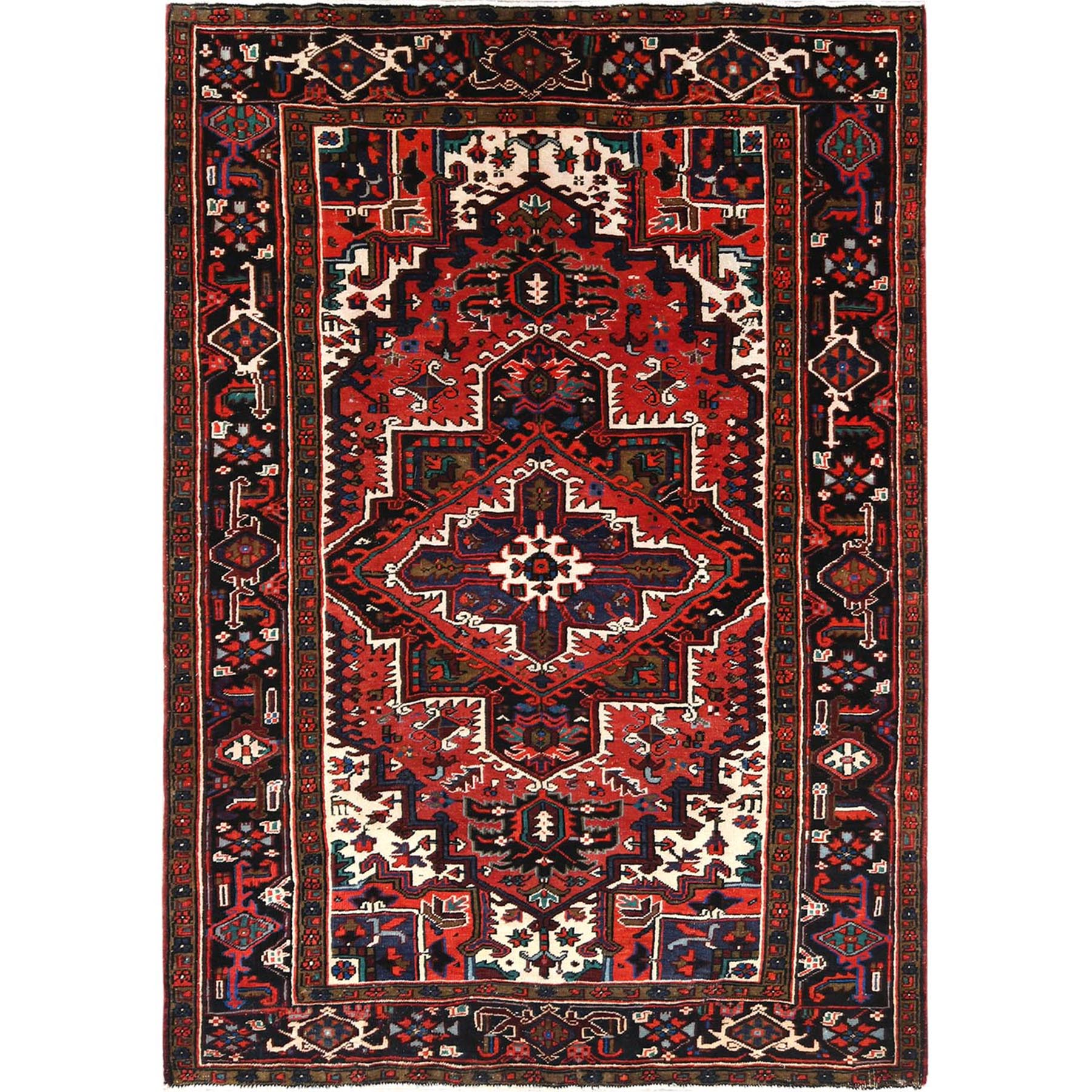6'8"x9'3" Tomato Red, Hand Knotted, Worn Wool, Vintage Persian Heriz, Good Condition, Sides and Ends Professionally Secured, Cleaned, Oriental Rug HR85237