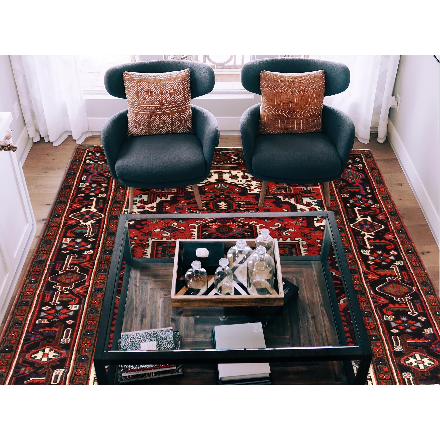 6'8"x9'3" Tomato Red, Hand Knotted, Worn Wool, Vintage Persian Heriz, Good Condition, Sides and Ends Professionally Secured, Cleaned, Oriental Rug HR85237 - Image 2