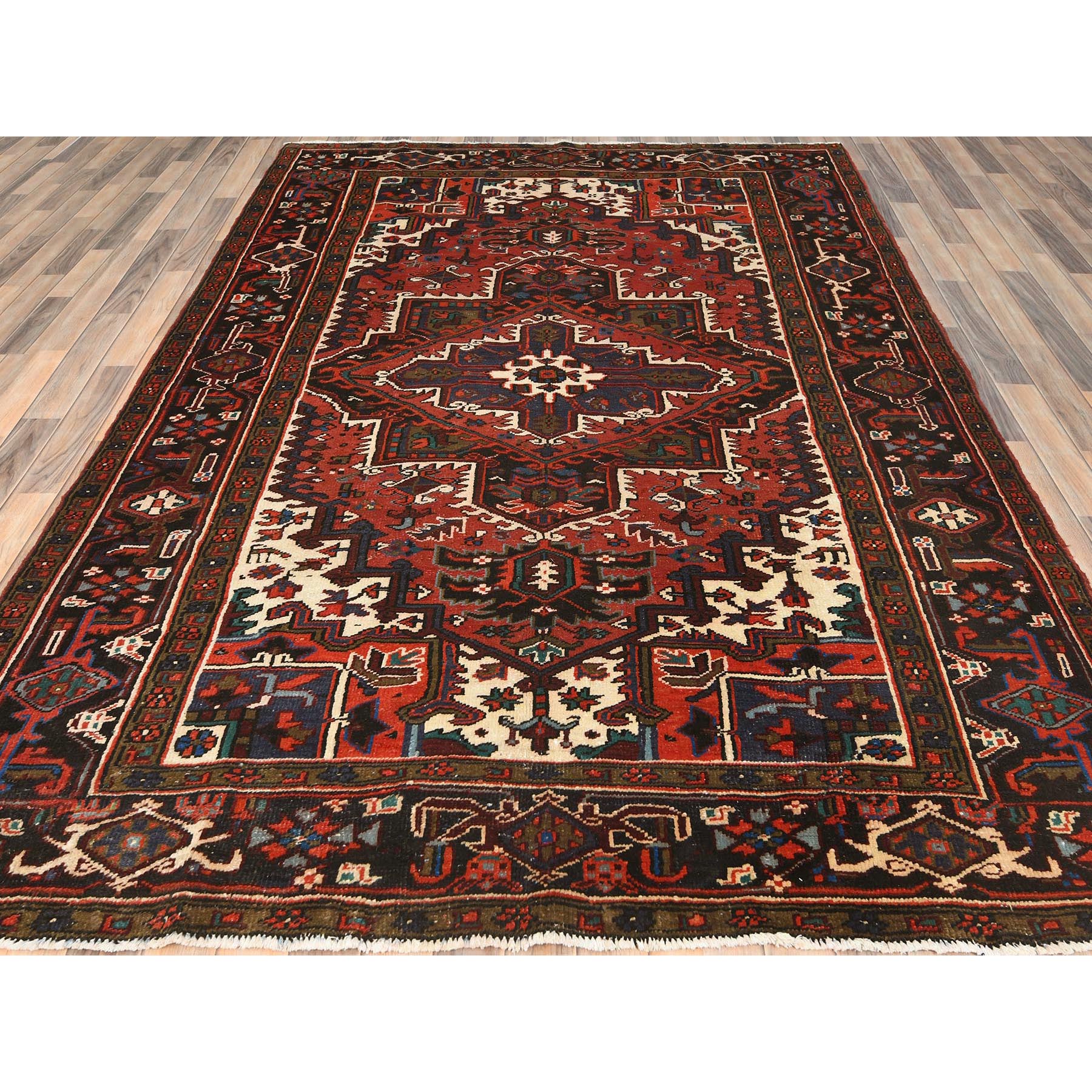6'8"x9'3" Tomato Red, Hand Knotted, Worn Wool, Vintage Persian Heriz, Good Condition, Sides and Ends Professionally Secured, Cleaned, Oriental Rug HR85237 - Image 3