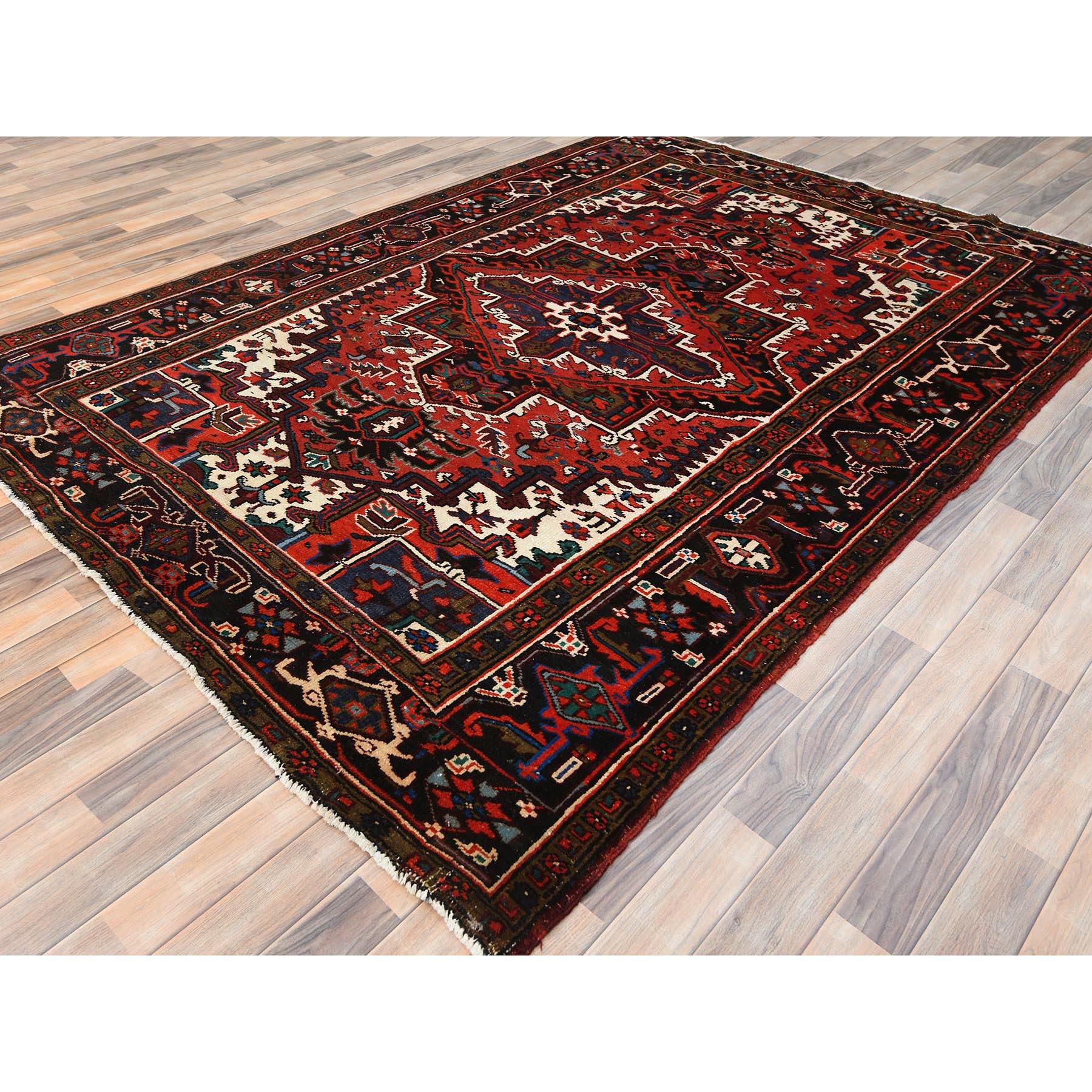 6'8"x9'3" Tomato Red, Hand Knotted, Worn Wool, Vintage Persian Heriz, Good Condition, Sides and Ends Professionally Secured, Cleaned, Oriental Rug HR85237 - Image 4
