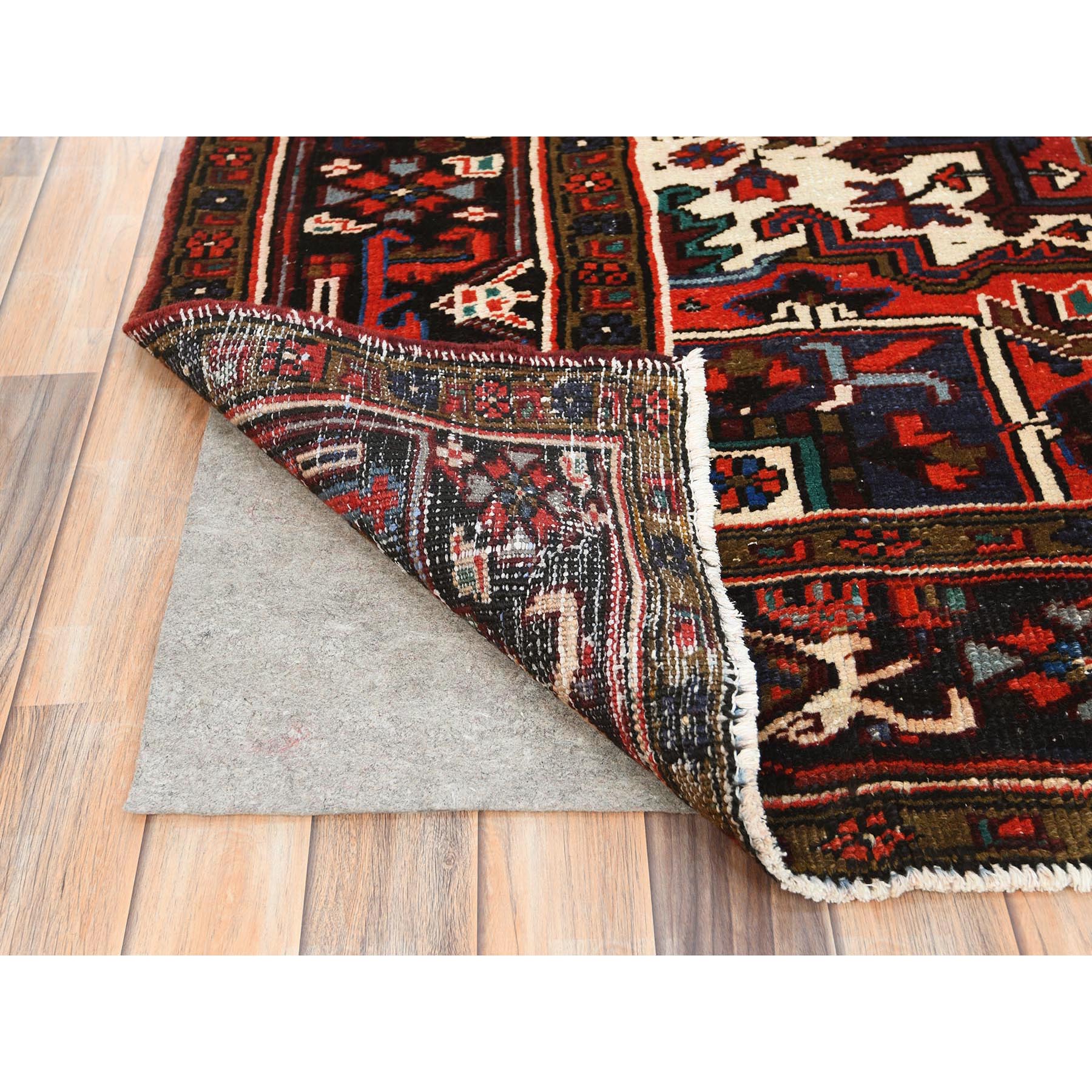 6'8"x9'3" Tomato Red, Hand Knotted, Worn Wool, Vintage Persian Heriz, Good Condition, Sides and Ends Professionally Secured, Cleaned, Oriental Rug HR85237 - Image 5