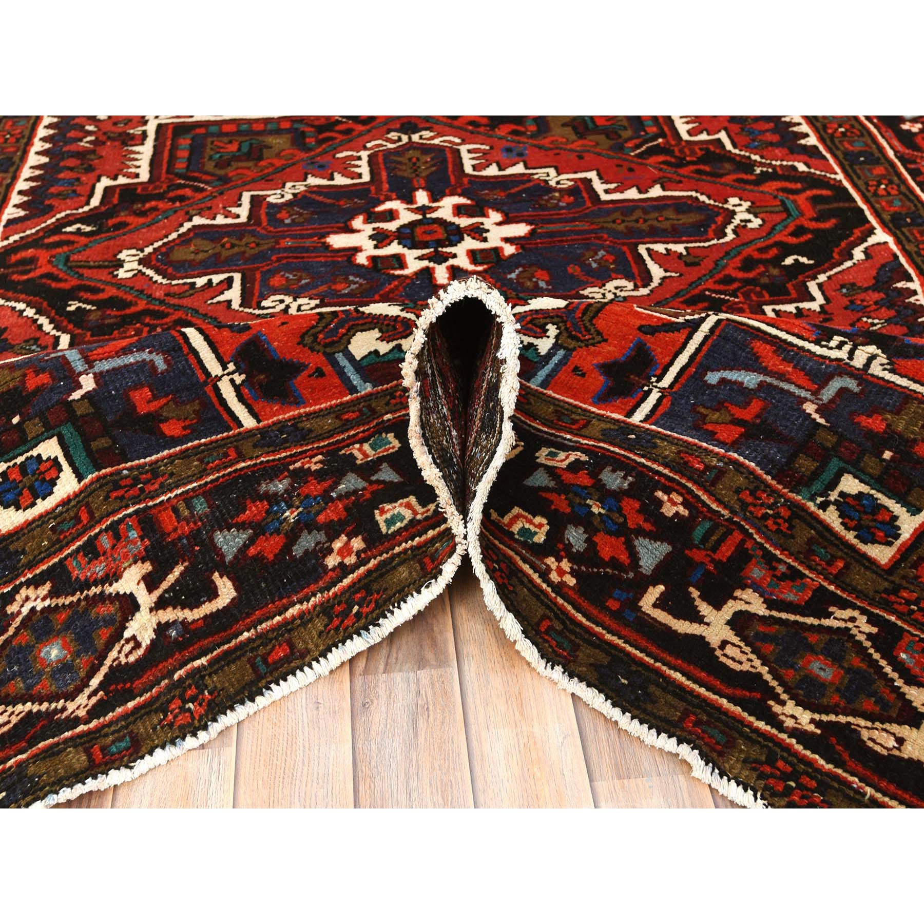 6'8"x9'3" Tomato Red, Hand Knotted, Worn Wool, Vintage Persian Heriz, Good Condition, Sides and Ends Professionally Secured, Cleaned, Oriental Rug HR85237 - Image 6
