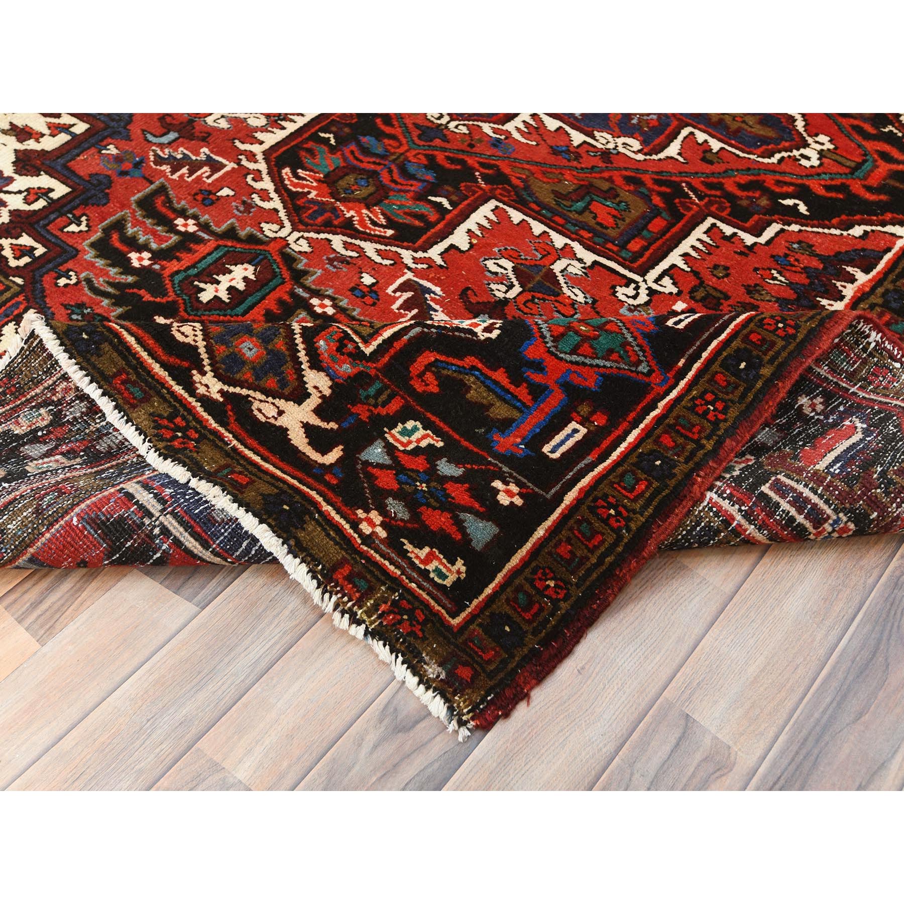 6'8"x9'3" Tomato Red, Hand Knotted, Worn Wool, Vintage Persian Heriz, Good Condition, Sides and Ends Professionally Secured, Cleaned, Oriental Rug HR85237 - Image 7
