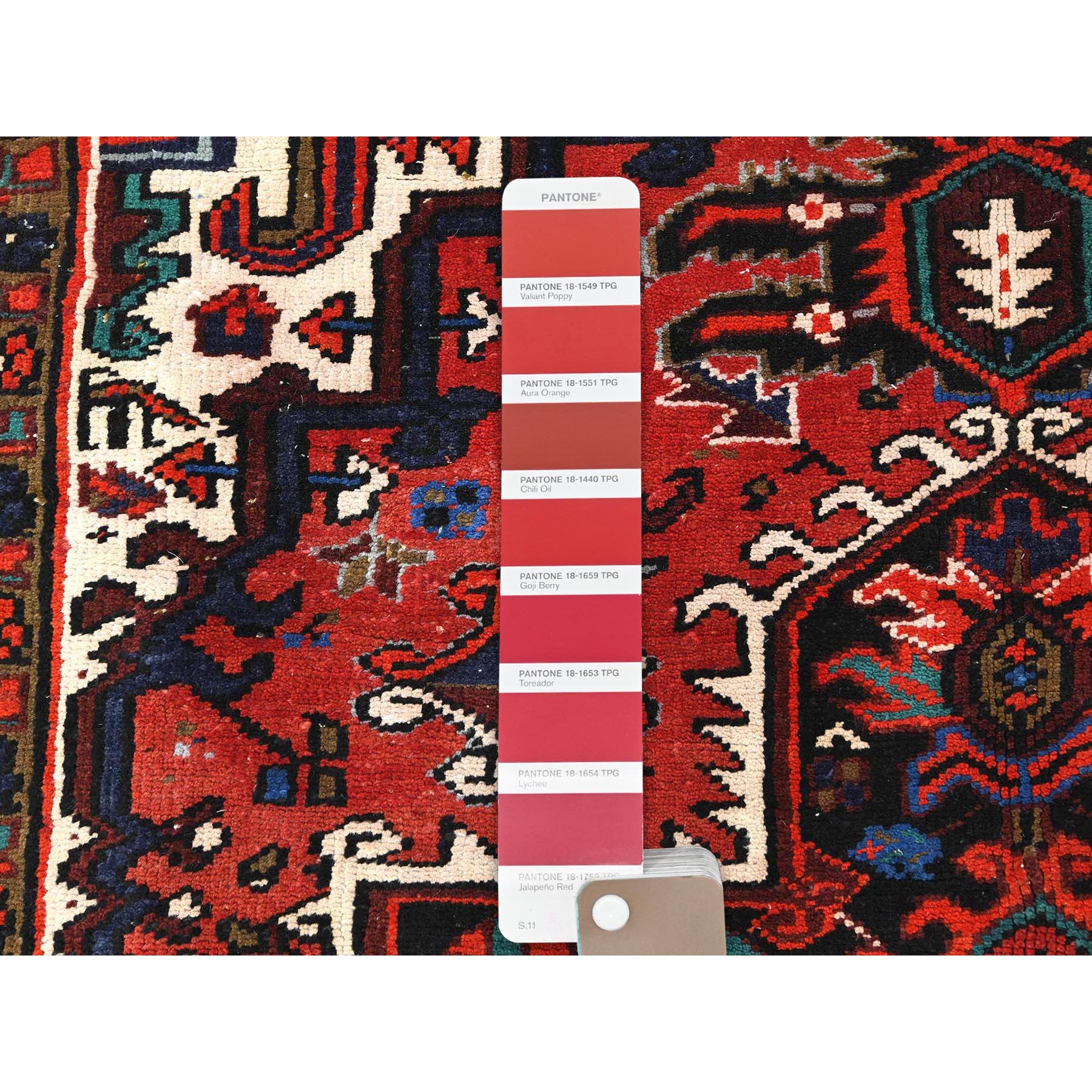 6'8"x9'3" Tomato Red, Hand Knotted, Worn Wool, Vintage Persian Heriz, Good Condition, Sides and Ends Professionally Secured, Cleaned, Oriental Rug HR85237 - Image 8