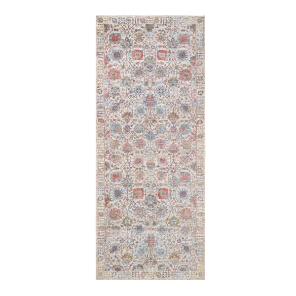 4'1"x10'3" Ivory Tabriz Vase With Flower Design Colorful Silk With Textured Wool Hand Knotted Oriental Runner Rug HR63245
