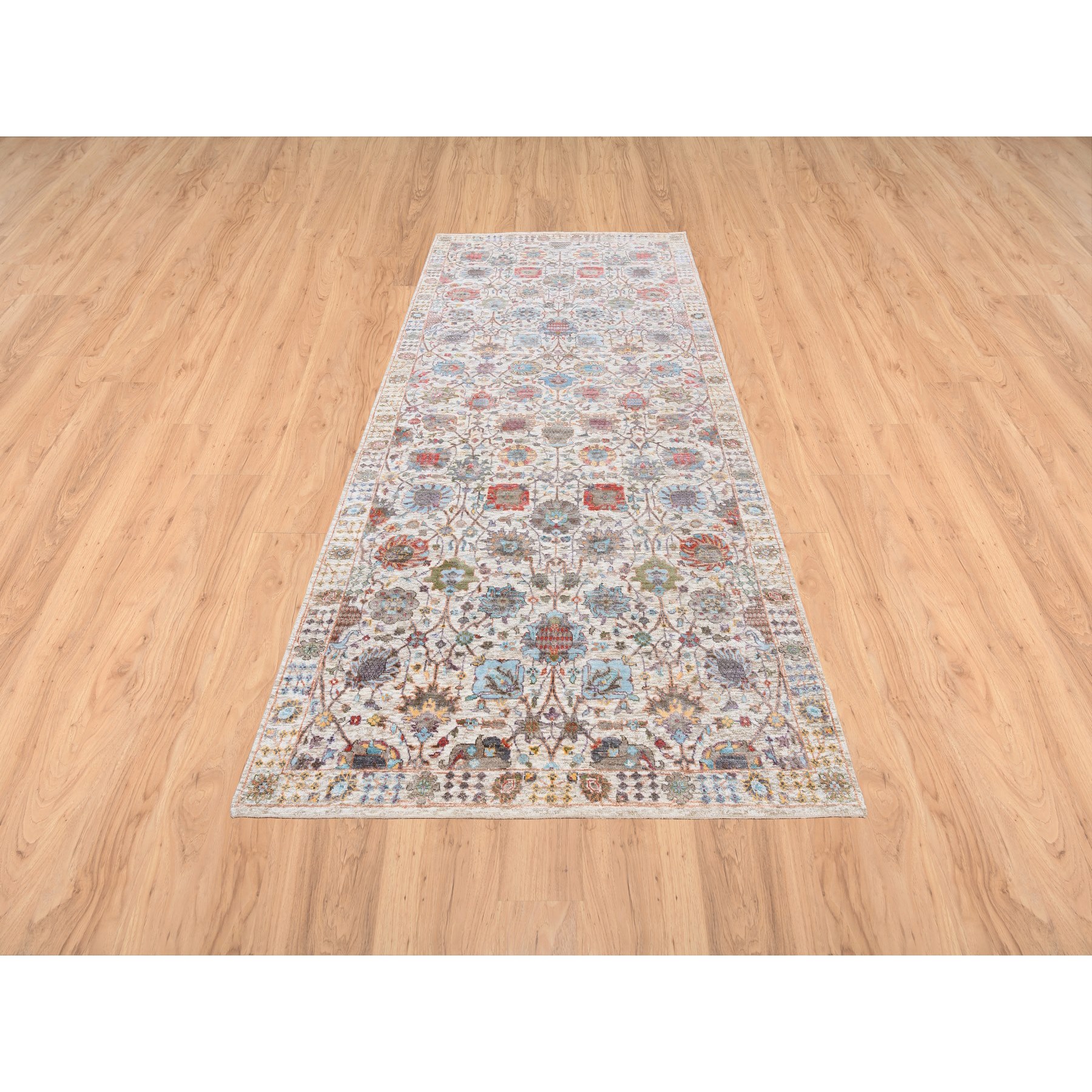 4'1"x10'3" Ivory Tabriz Vase With Flower Design Colorful Silk With Textured Wool Hand Knotted Oriental Runner Rug HR63245 - Image 2