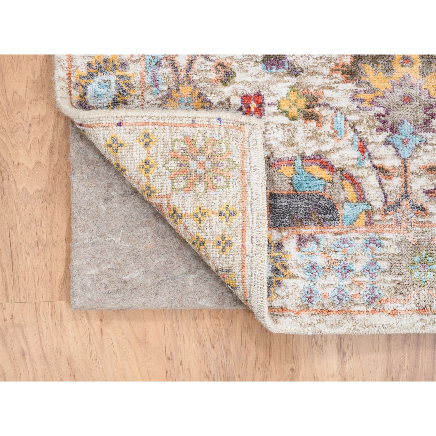 4'1"x10'3" Ivory Tabriz Vase With Flower Design Colorful Silk With Textured Wool Hand Knotted Oriental Runner Rug HR63245 - Image 3