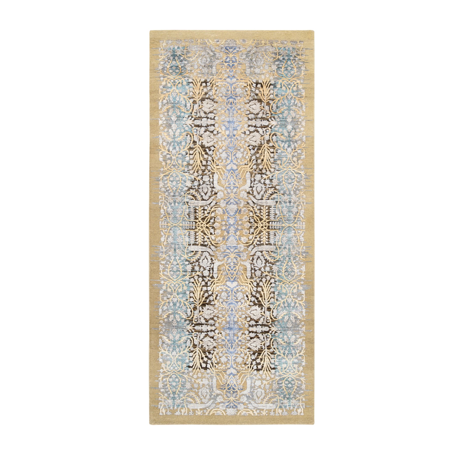 4'2"x10' Gold Brown, Hand Knotted, Transitional Sarouk, Silk With Textured Wool, Oriental, Wide Runner Rug HR63730