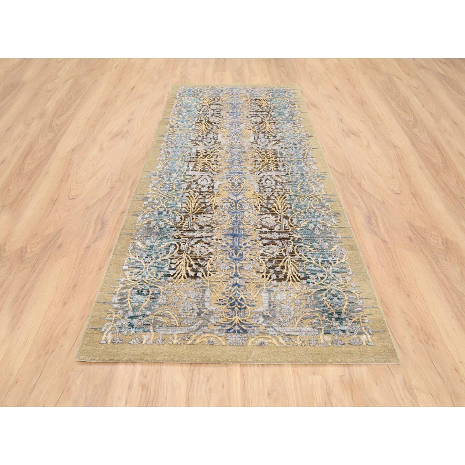 4'2"x10' Gold Brown, Hand Knotted, Transitional Sarouk, Silk With Textured Wool, Oriental, Wide Runner Rug HR63730 - Image 2