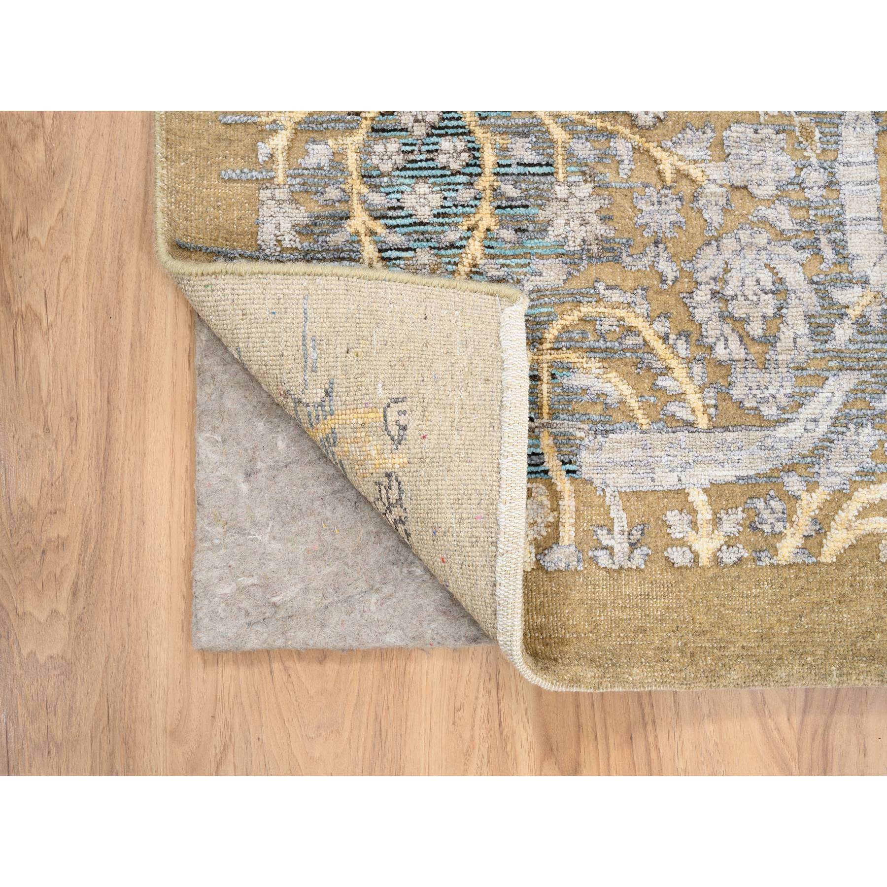 4'2"x10' Gold Brown, Hand Knotted, Transitional Sarouk, Silk With Textured Wool, Oriental, Wide Runner Rug HR63730 - Image 3