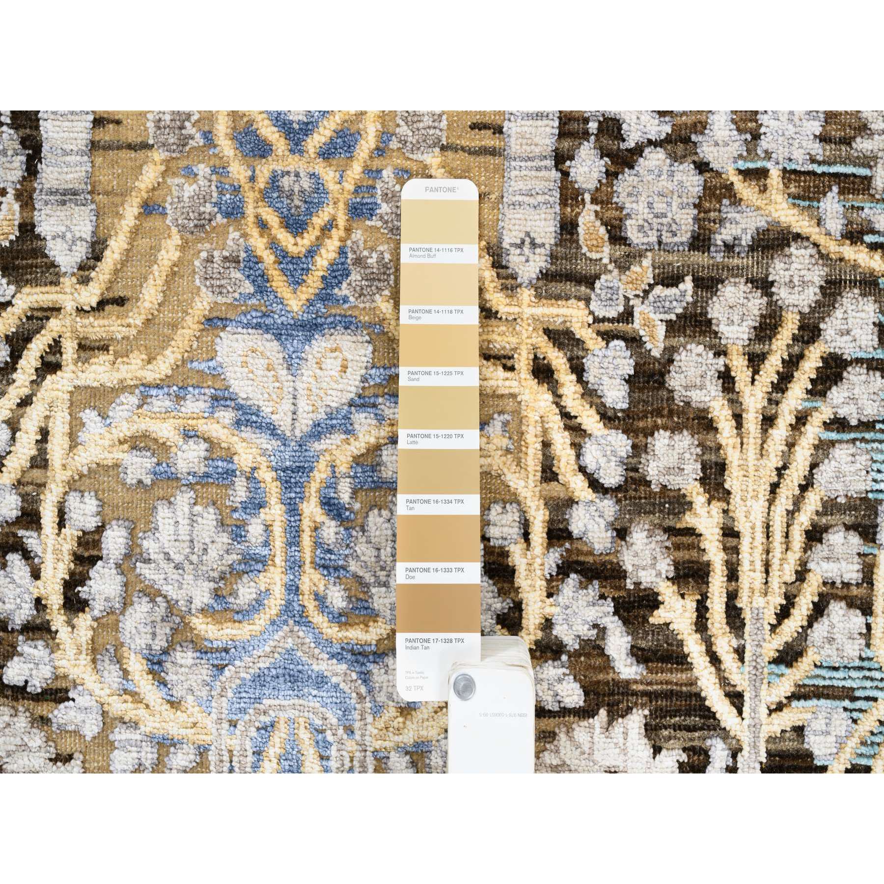 4'2"x10' Gold Brown, Hand Knotted, Transitional Sarouk, Silk With Textured Wool, Oriental, Wide Runner Rug HR63730 - Image 4