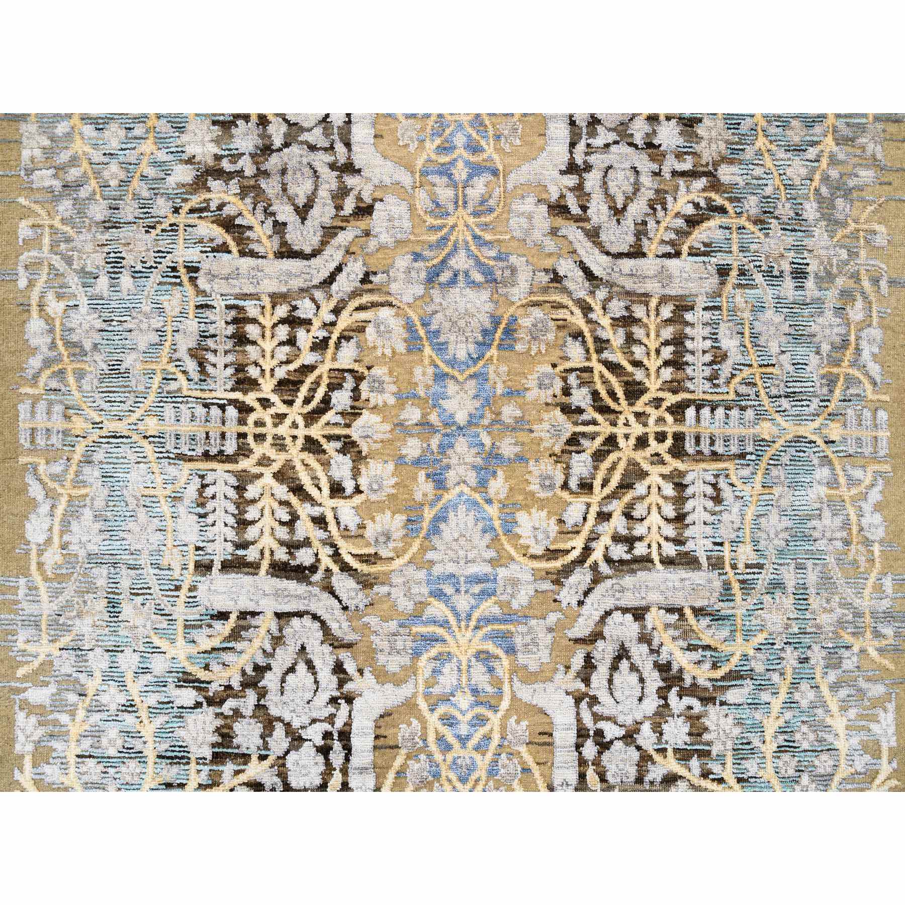 4'2"x10' Gold Brown, Hand Knotted, Transitional Sarouk, Silk With Textured Wool, Oriental, Wide Runner Rug HR63730 - Image 5