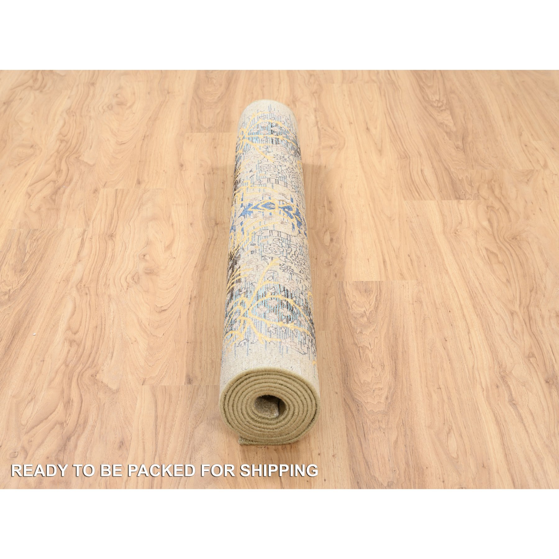 4'2"x10' Gold Brown, Hand Knotted, Transitional Sarouk, Silk With Textured Wool, Oriental, Wide Runner Rug HR63730 - Image 6