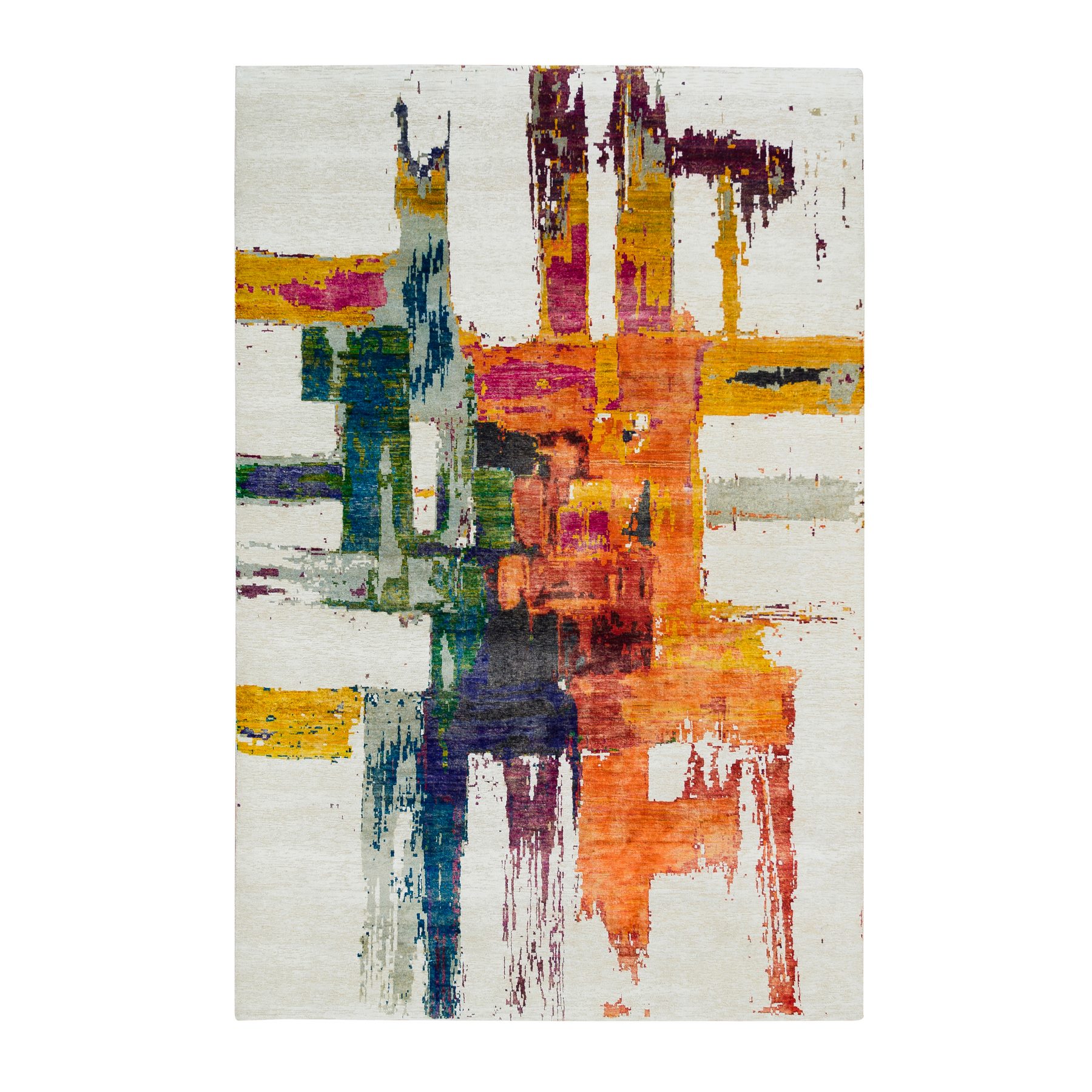 5'10"x9'1" Colorful, Wool and Sari Silk, Modern Design Abstract Motifs with Painter's Brush Strokes, Hand Knotted Oriental Rug HR65691