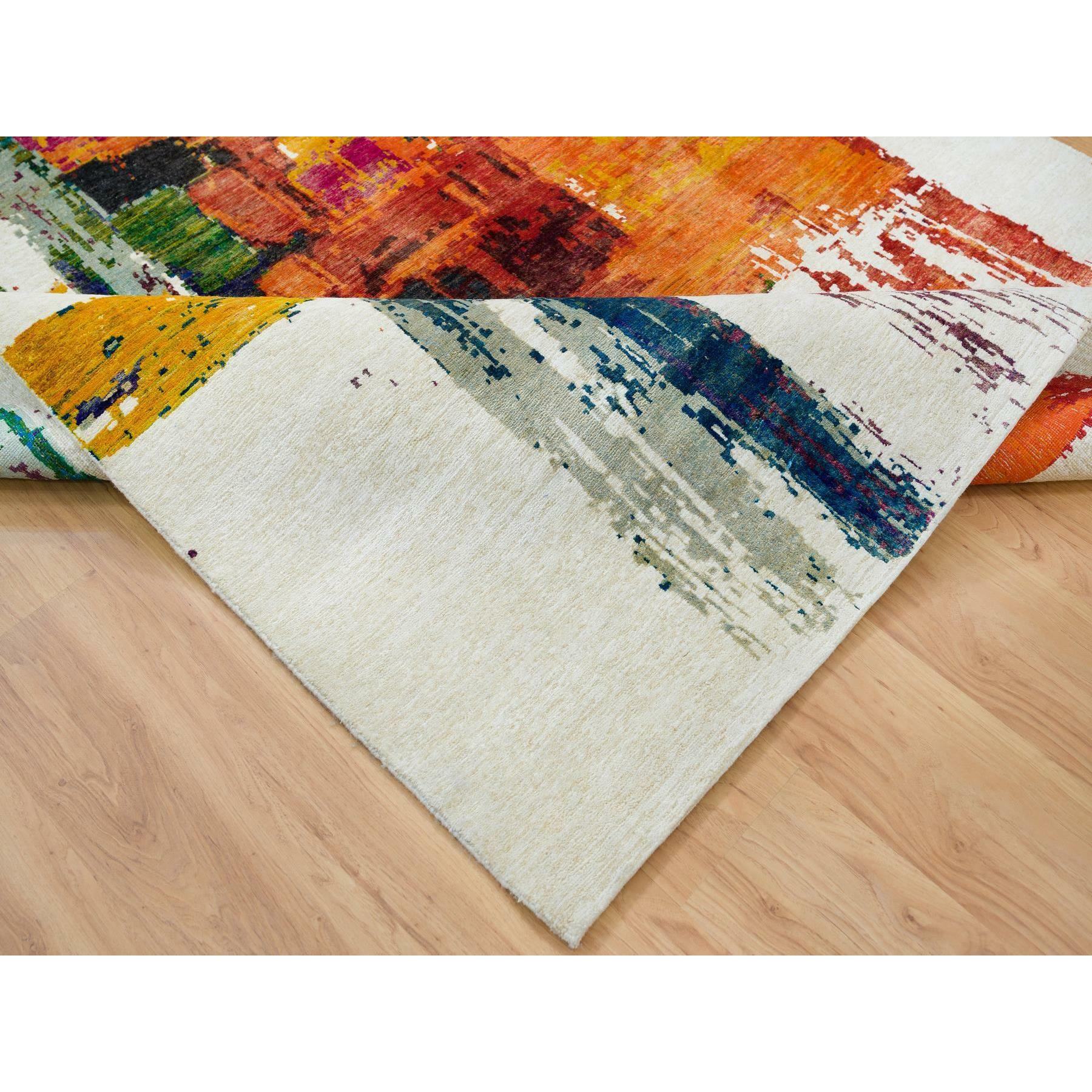5'10"x9'1" Colorful, Wool and Sari Silk, Modern Design Abstract Motifs with Painter's Brush Strokes, Hand Knotted Oriental Rug HR65691 - Image 6