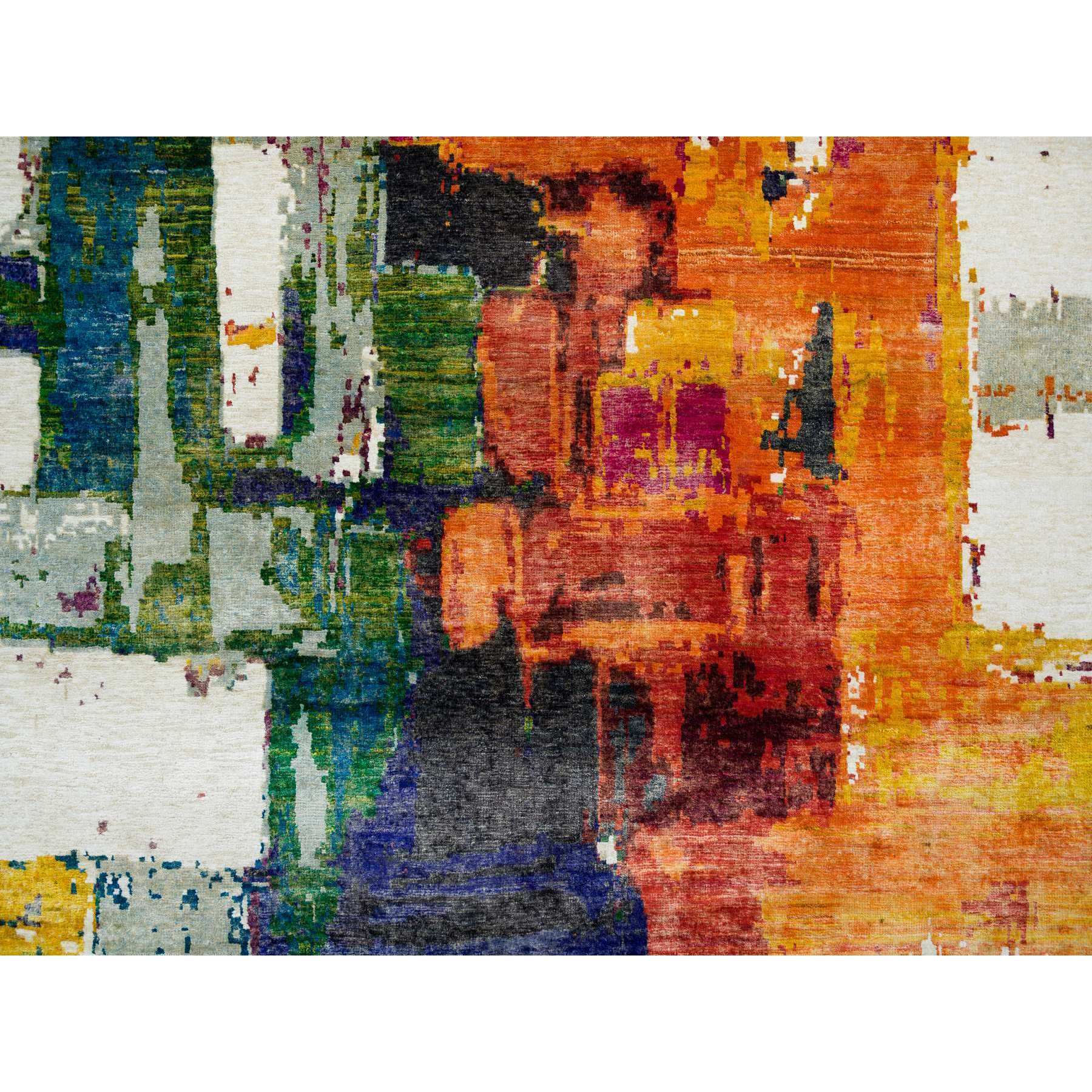 5'10"x9'1" Colorful, Wool and Sari Silk, Modern Design Abstract Motifs with Painter's Brush Strokes, Hand Knotted Oriental Rug HR65691 - Image 8