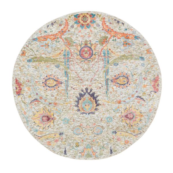5'2"x5'2" Tan, Hand Knotted, Dense Weave, Sickle Leaf Design, Soft and Lush, Silk With Textured Wool, Round Oriental RugHR65695