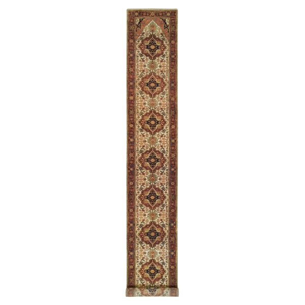 2'7"x20' Ivory, Soft and Plush, Antiqued Fine Heriz Re-Creation, Hand Knotted, Pure Wool, Dense Weave, XL Runner Oriental Rug HR65709