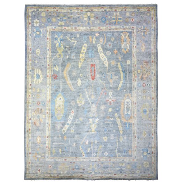 12'x16' Cadet Gray, Organic Wool Hand Knotted, Afghan Angora Oushak with All Over Leaf Design Natural Dyes, Oversized Oriental Rug HR73024