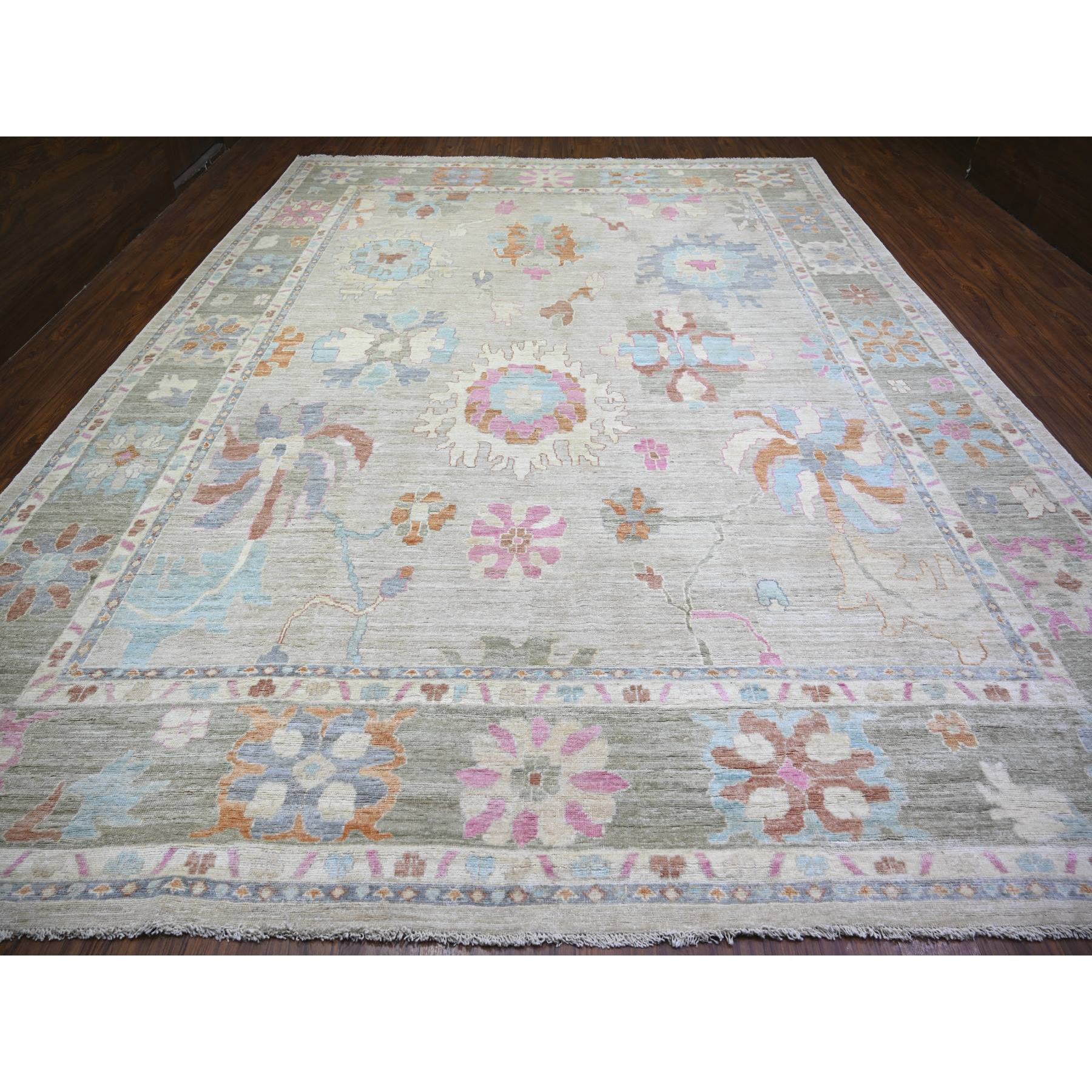 11'10"x15'5" Light Gray, Vegetable Dyes Soft Wool, Hand Knotted Afghan Angora Oushak with All Over Motifs, Oversized Oriental Rug HR73147 - Image 3