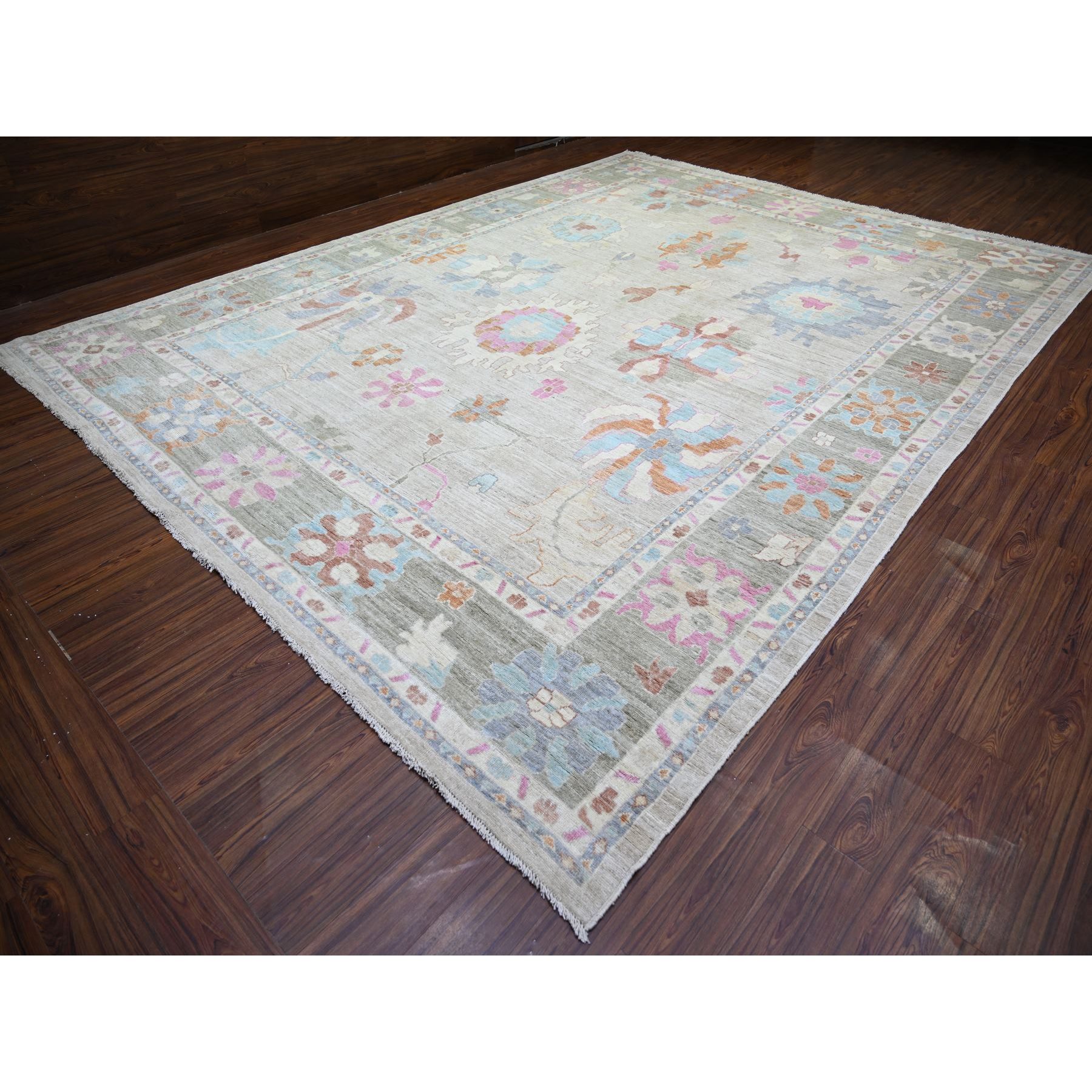 11'10"x15'5" Light Gray, Vegetable Dyes Soft Wool, Hand Knotted Afghan Angora Oushak with All Over Motifs, Oversized Oriental Rug HR73147 - Image 4