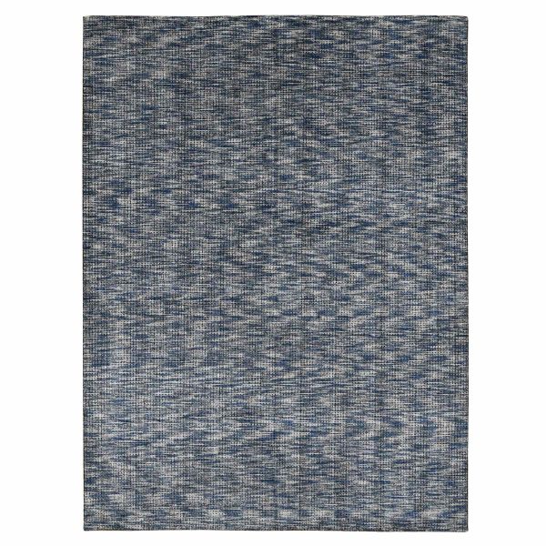 9'2"x12' Steel Blue, Modern Fence Design, Wool and Art Silk, Tone on Tone, Hand Loomed, Oriental Rug HR80945