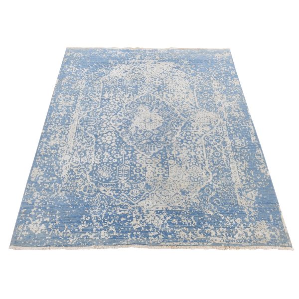 5'1"x7' Air Force Blue, Hand Knotted, Broken and Erased Persian Medallion Design, Wool and Pure Silk, Oriental Rug HR80958