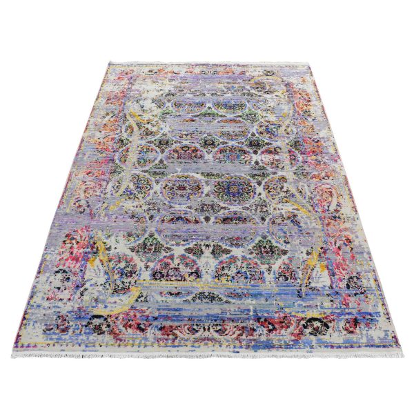 6'x9'1" Ash Gray, Colorful ERASED ROSSETS, Sari Silk with Textured Wool, Hand Knotted, Oriental Rug HR80965