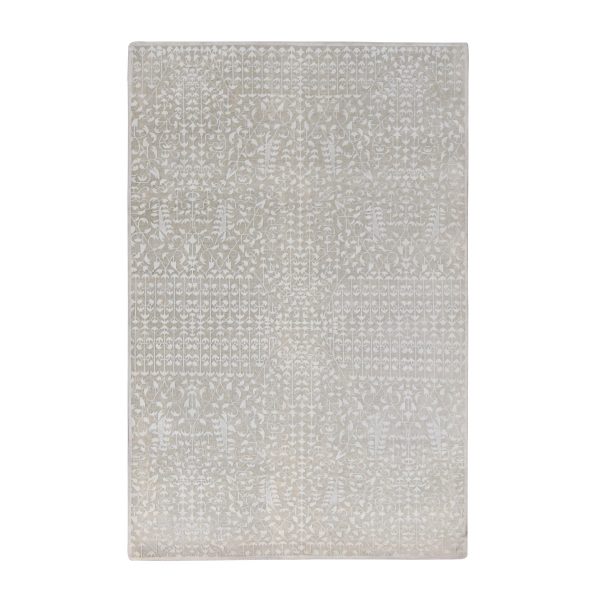 6'1"x9'4" Vanilla White, Hand Knotted, Tone on Tone, Pure Silk with Textured Wool, Oriental Rug HR80971