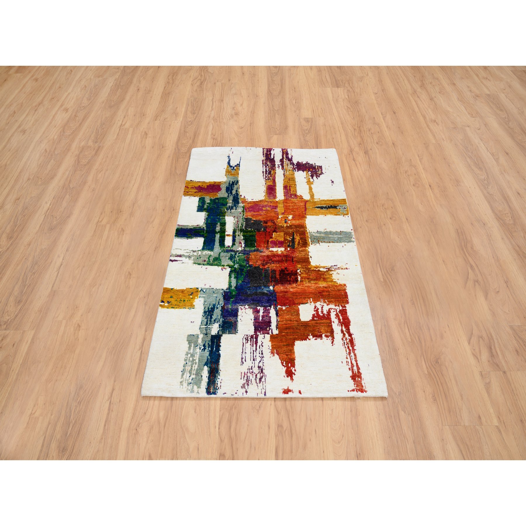 3'x5' Colorful, Modern Abstract Motifs Painter's Brush Strokes, Wool and Sari Silk, Hand Knotted, Oriental Rug HR64680 - Image 2