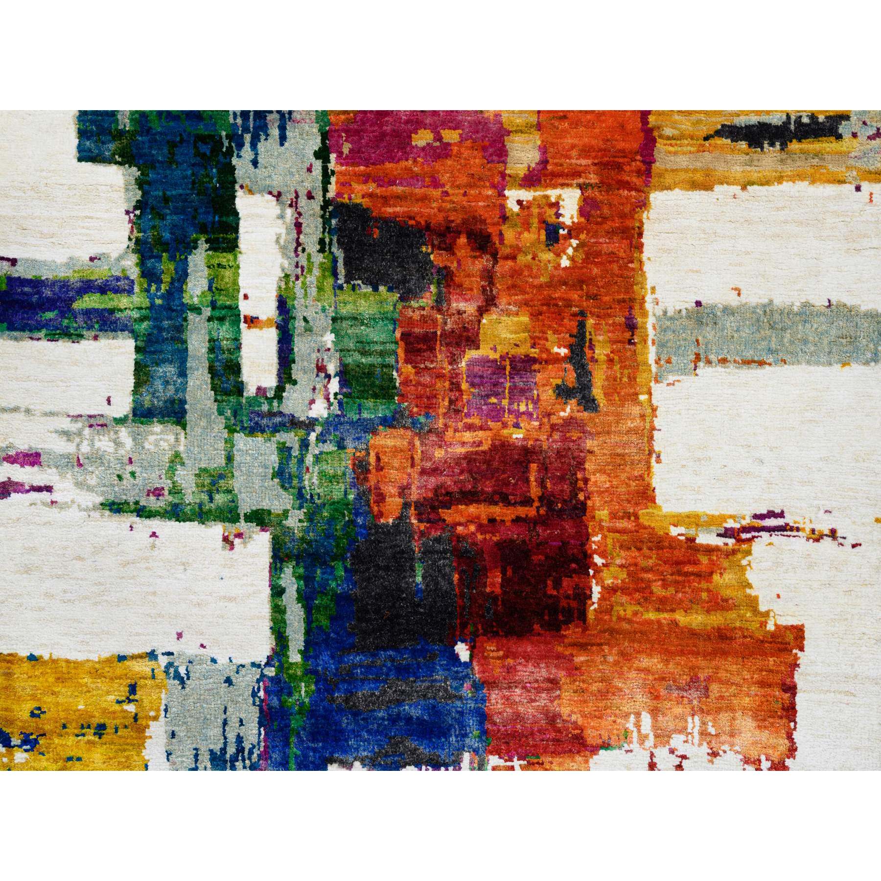 3'x5' Colorful, Modern Abstract Motifs Painter's Brush Strokes, Wool and Sari Silk, Hand Knotted, Oriental Rug HR64680 - Image 5