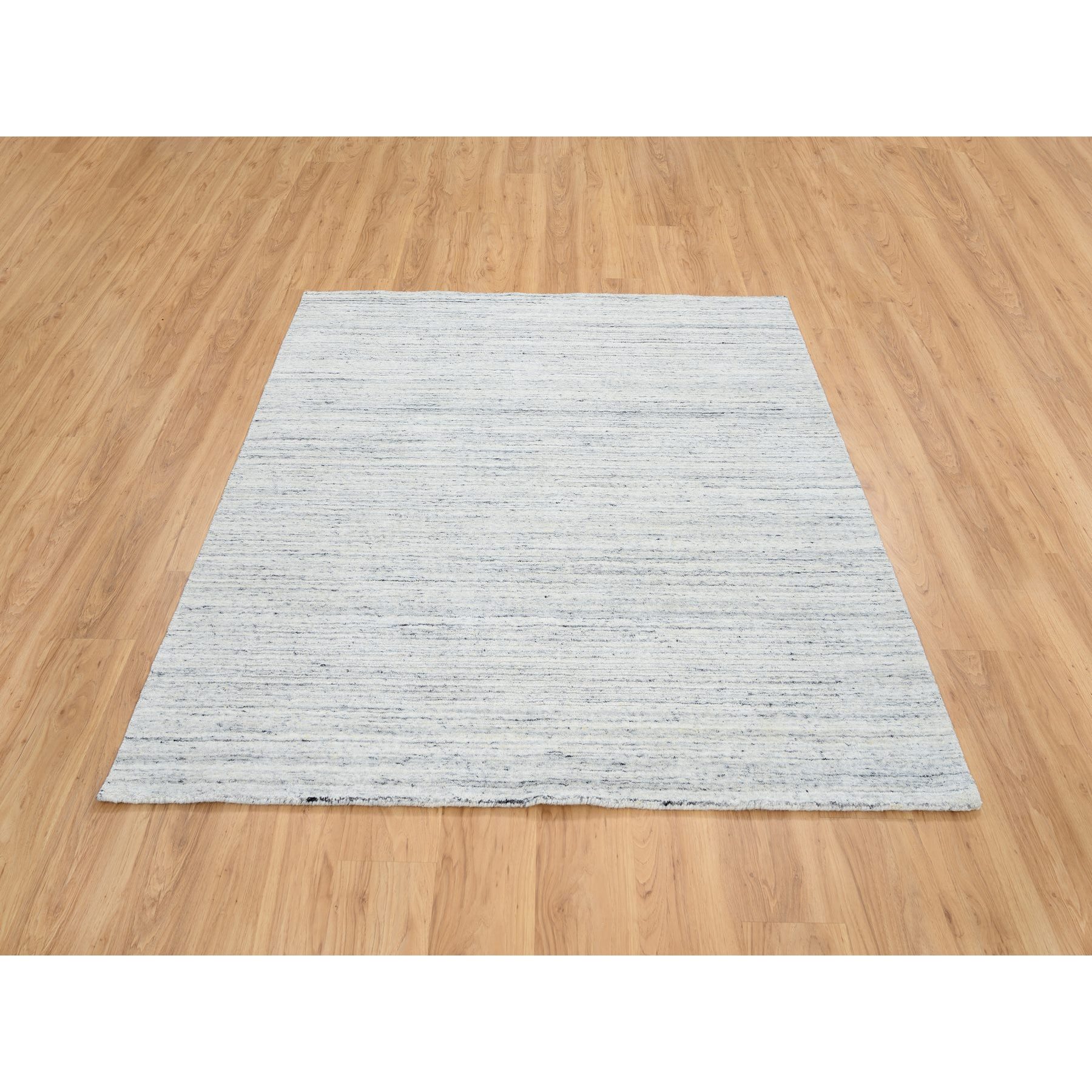 6'x6' Ivory, Extra Soft Wool Hand Loomed, Plain Modern Striped Design Soft Pile, Square Oriental Rug HR64774 - Image 2