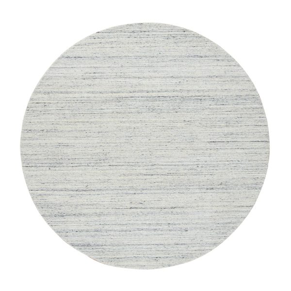 6'x6' Ivory, Pure Wool Hand Loomed, Plain Modern Striped Design Soft Pile, Round Oriental Rug HR64777