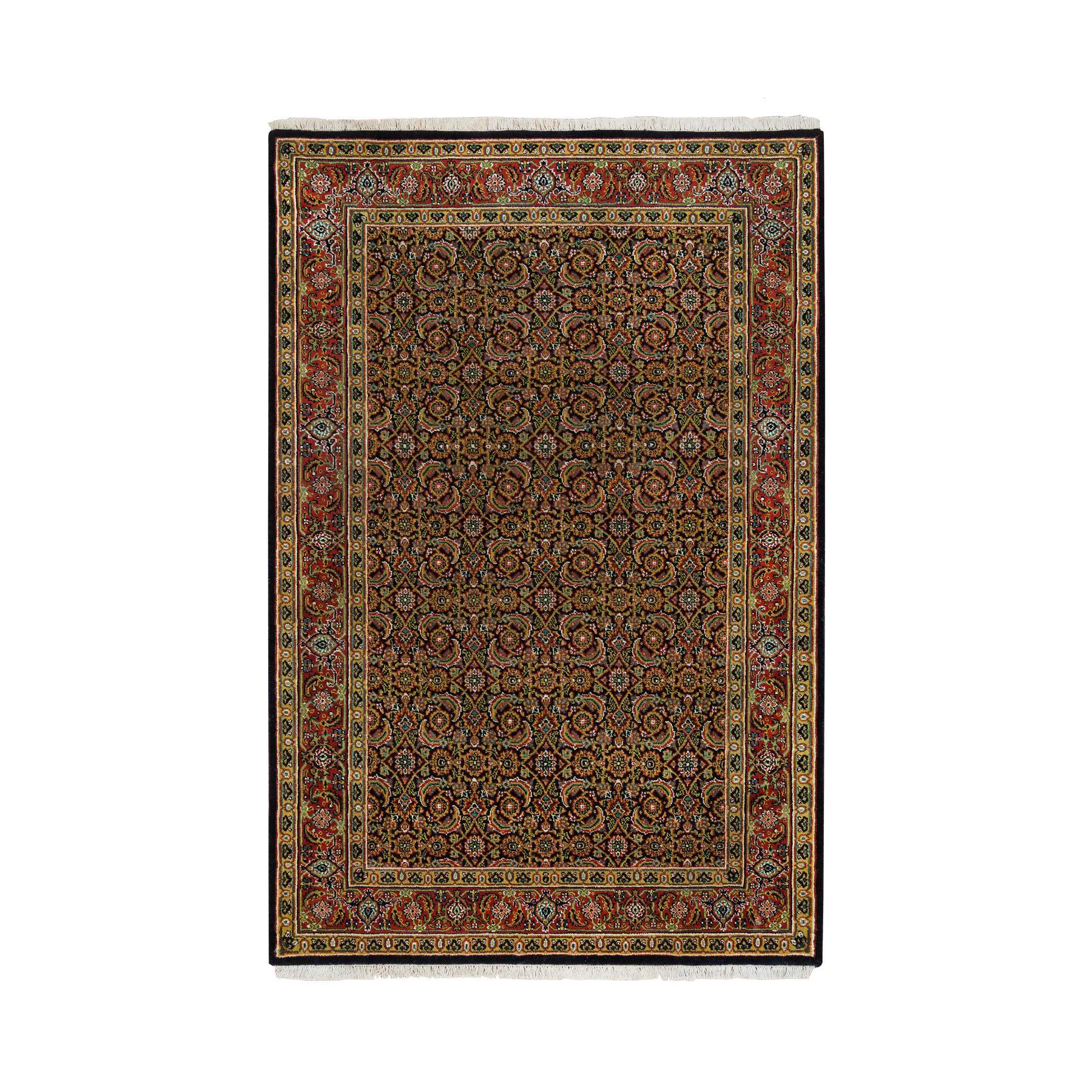 4'1"x6'3" Grease Black, All Over Fish Herati Design, Densely Woven, 250 KPSI, 100% Wool, Hand Knotted, Oriental Rug HR65803
